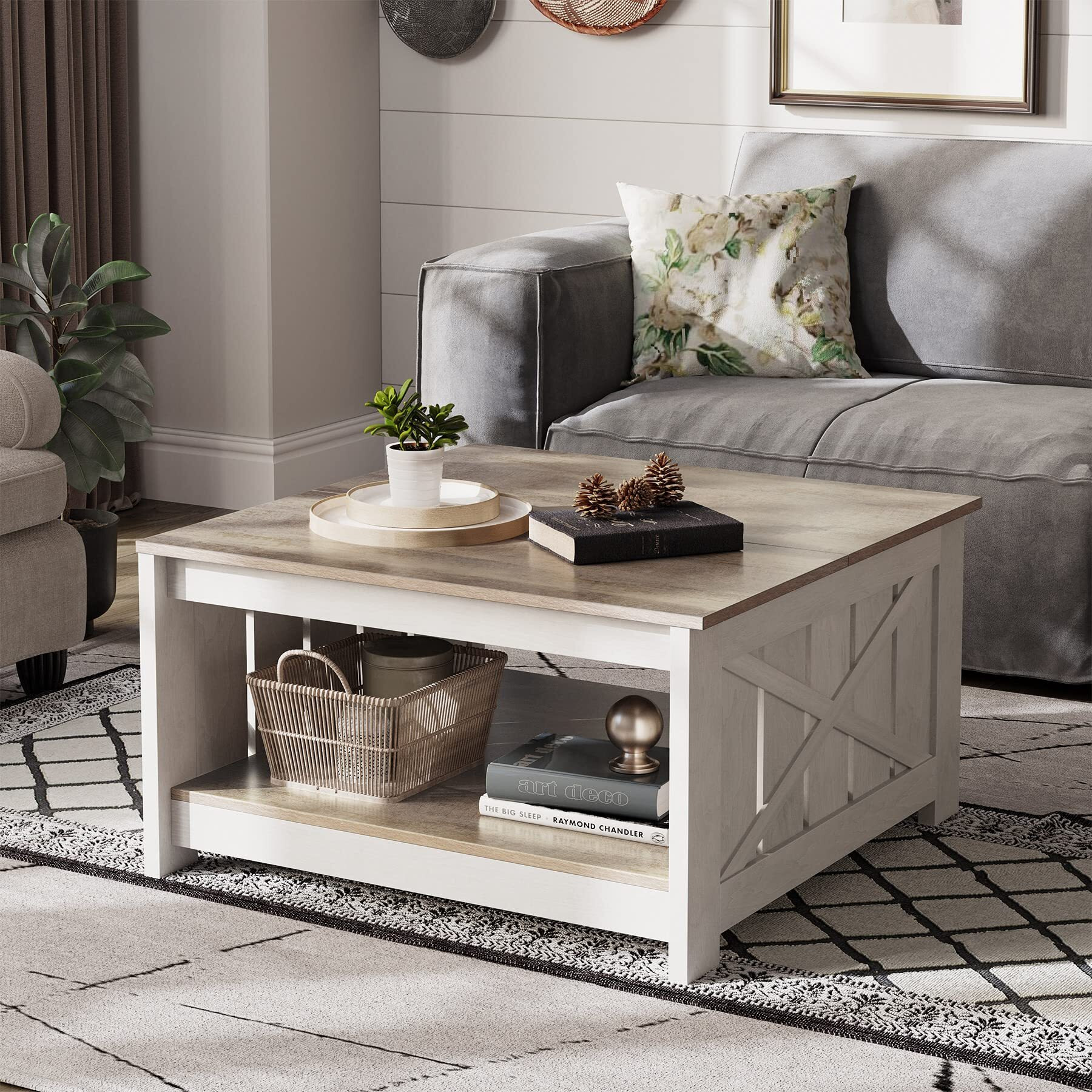 Yitahome Coffee Table Farmhouse Coffee Table With Storage Rustic Wood Cocktail Table,Square Coffee Table For Living Meeting Room With Half Open Storage Compartment,Grey Wash