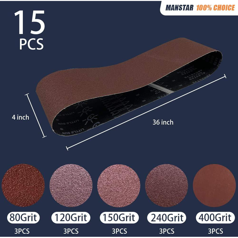 15 Pcs 4 X 36 Inch Assorted Aluminum Oxide Sanding Belt,80/120/150/240/400 Grit
