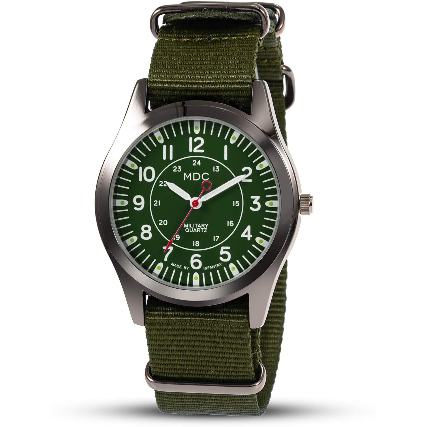 Infantry Mens Military Tactical Watch Analog Green Field Army Wrist Watches For Men 12/24 Hour Work Outdoor Sport Wristwatch With Nylon Band By Mdc