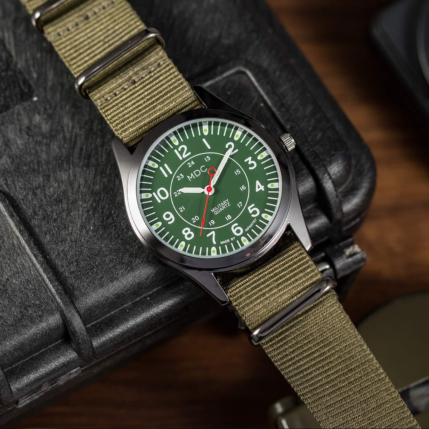 Infantry Mens Military Tactical Watch Analog Green Field Army Wrist Watches For Men 12/24 Hour Work Outdoor Sport Wristwatch With Nylon Band By Mdc