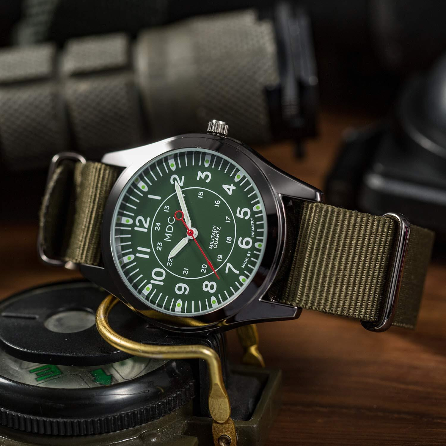 Infantry Mens Military Tactical Watch Analog Green Field Army Wrist Watches For Men 12/24 Hour Work Outdoor Sport Wristwatch With Nylon Band By Mdc
