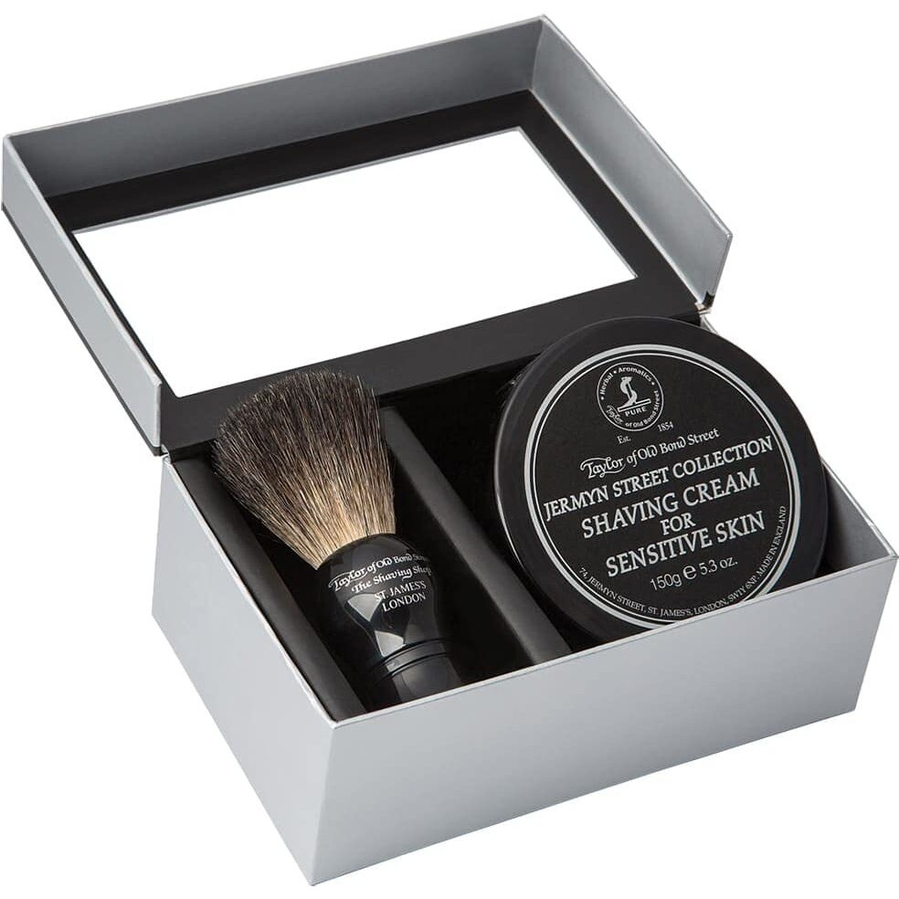 Taylor Of Old Bond Street Black Pure Badger Shaving Brush And Jermyn St. Shaving Cream Bowl 150G Gift Set 2 Pc Shave Set