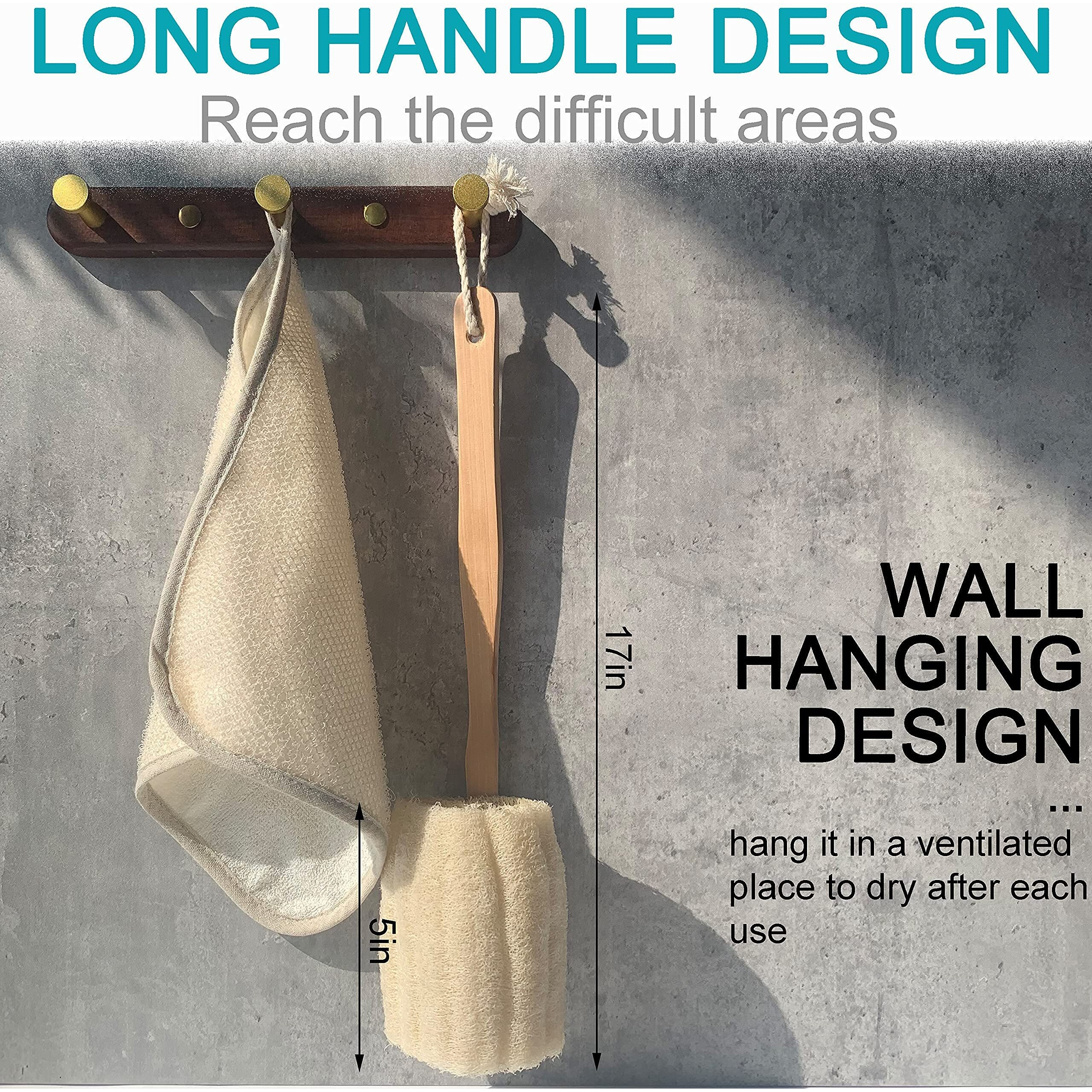 Natural Exfoliating Loofah Luffa Loofa Bath Brush On A Stick - With Long Wooden Handle Back Brush For Men & Women - Shower Sponge Body Back Scrubber Pack Of 1