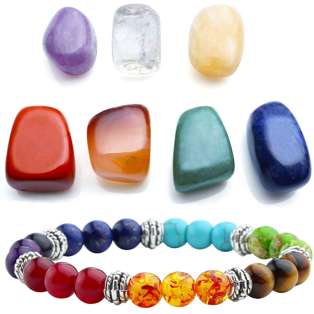Top Plaza 7 Chakra Reiki Healing Crystals Yoga Balance Irregular Shape Polished Tumbled Palm Stones W/ 7 Chakra Healing Crystal Bracelet (7 Chakra Bracelet Without Charm)