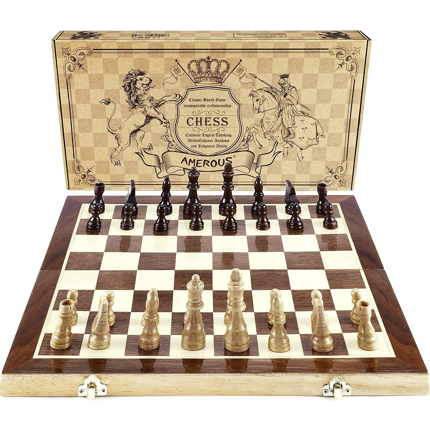 Amerous Chess Set, 15"&quotX15"" Folding Magnetic Wooden Standard Chess Game Board Set With Wooden Crafted Pieces And Chessmen Storage Slots
