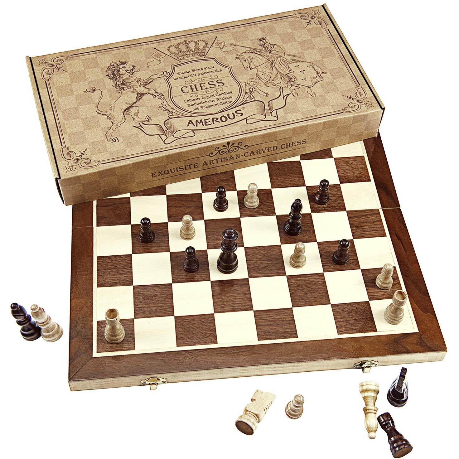 Amerous Chess Set, 15"&quotX15"" Folding Magnetic Wooden Standard Chess Game Board Set With Wooden Crafted Pieces And Chessmen Storage Slots