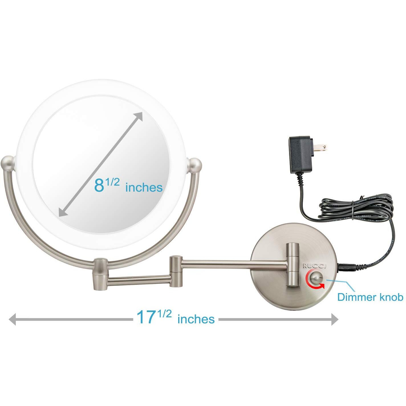 Wall Mount Led Lighted Makeup Mirror, Ac Adaptor, 10X/1X Magnification, Satin Nickel Finish 8.6"&quotD X 17.5"&quotL By Rucci