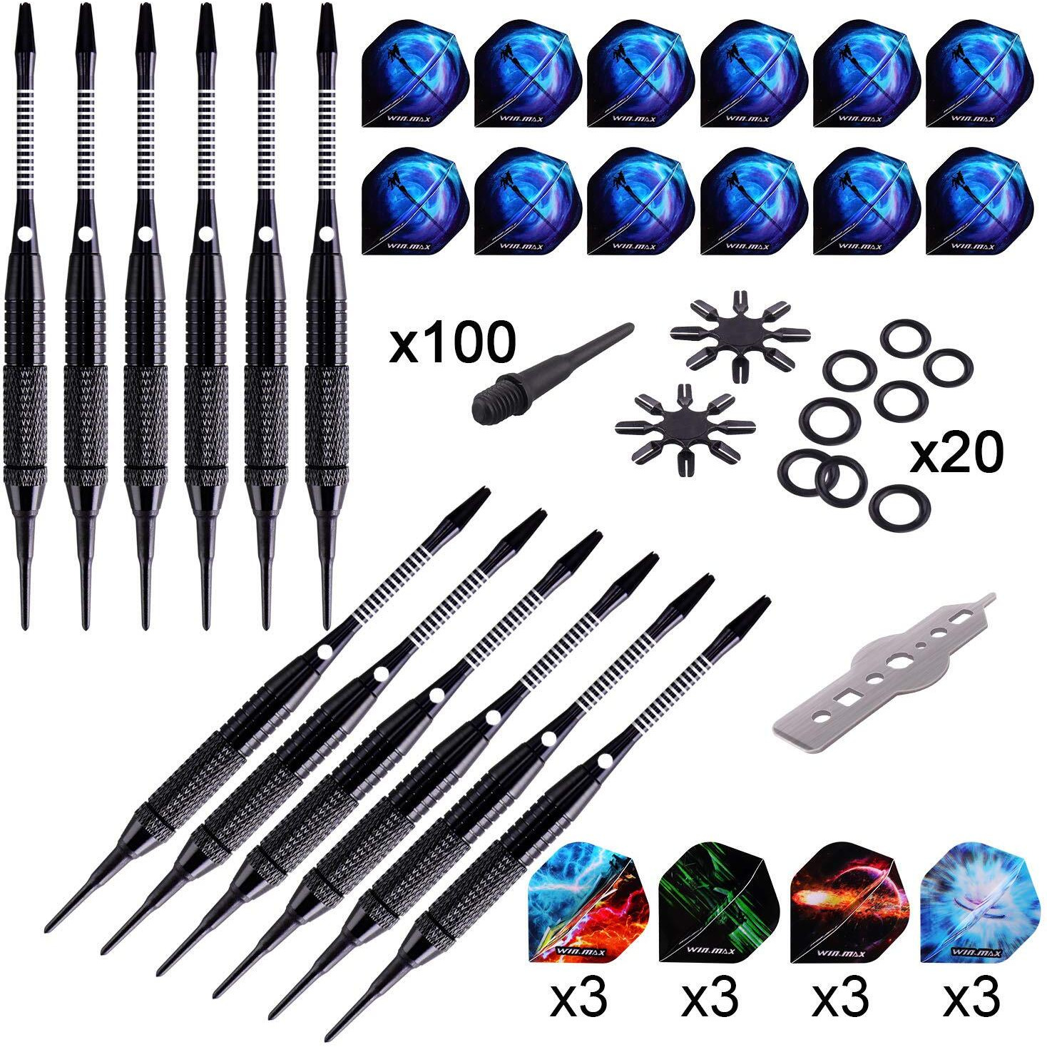 Win.Max Darts Plastic Tip - Soft Tip Darts Set - 12 Pcs 18 Gram With 100 Extra Dart Tips 12 Flights Flight Protectors And Wrench For Electronic Dart Board