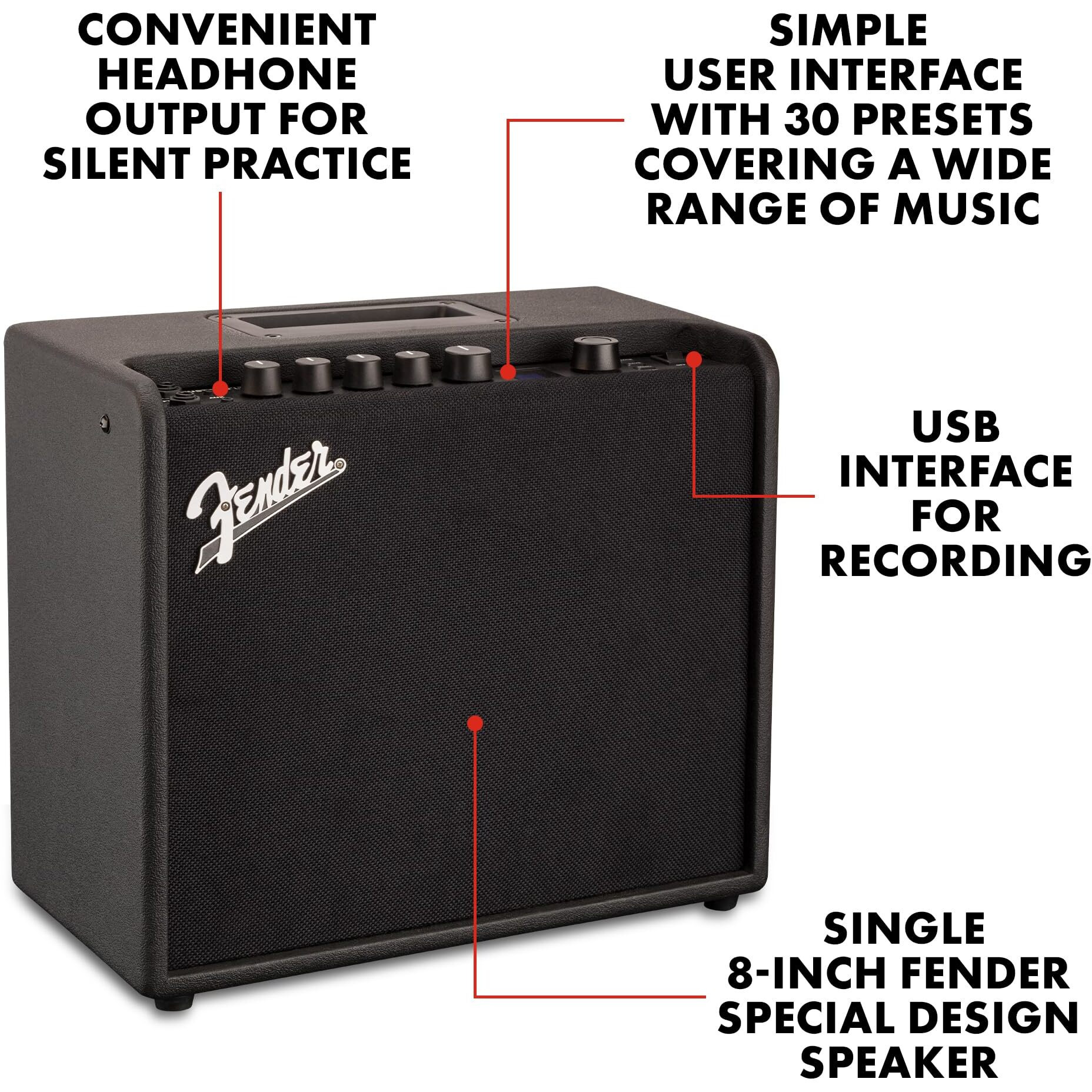 Fender Mustang Lt25 Guitar Amp, 25-Watt Combo Amp, With 2-Year Warranty, 30 Preset Effects With Usb Audio Interface For Recording