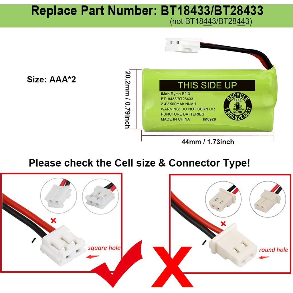 Imah Bt18433/Bt28433 2.4V 500Mah Ni-Mh Cordless Phone Battery Pack, Also Compatible With Vtech At&T Telephone Batteries Bt184342/Bt284342 Bt8300 Bt1011 Bt1018 Bt1022 Bt1031 2Sn-Aaa55H-S-J1, Pack Of 4