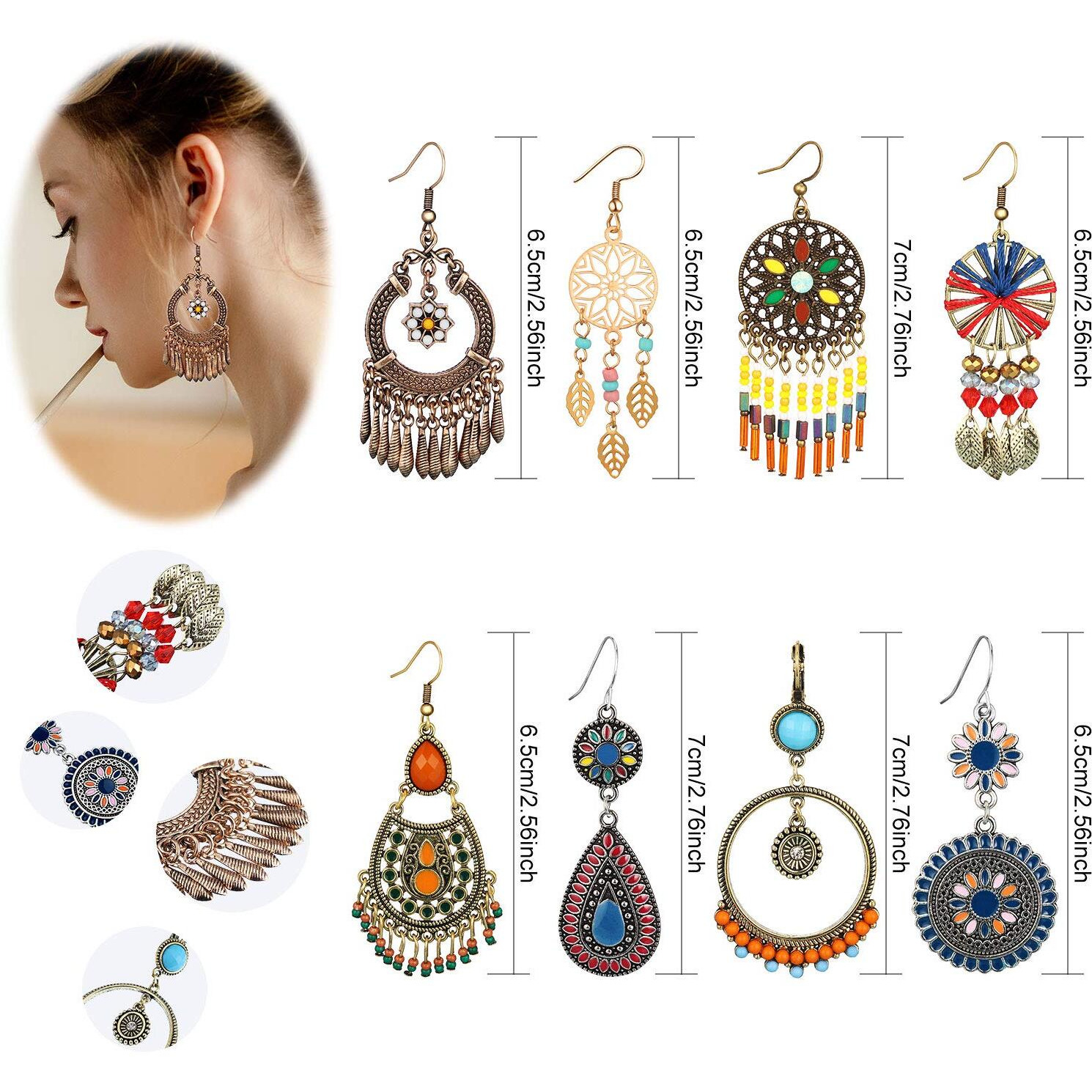 8 Pairs Bohemian Earrings For Women Christmas Dangle Earrings Retro Metal Hollow Boho Hoop Earrings(Vibrant Style)