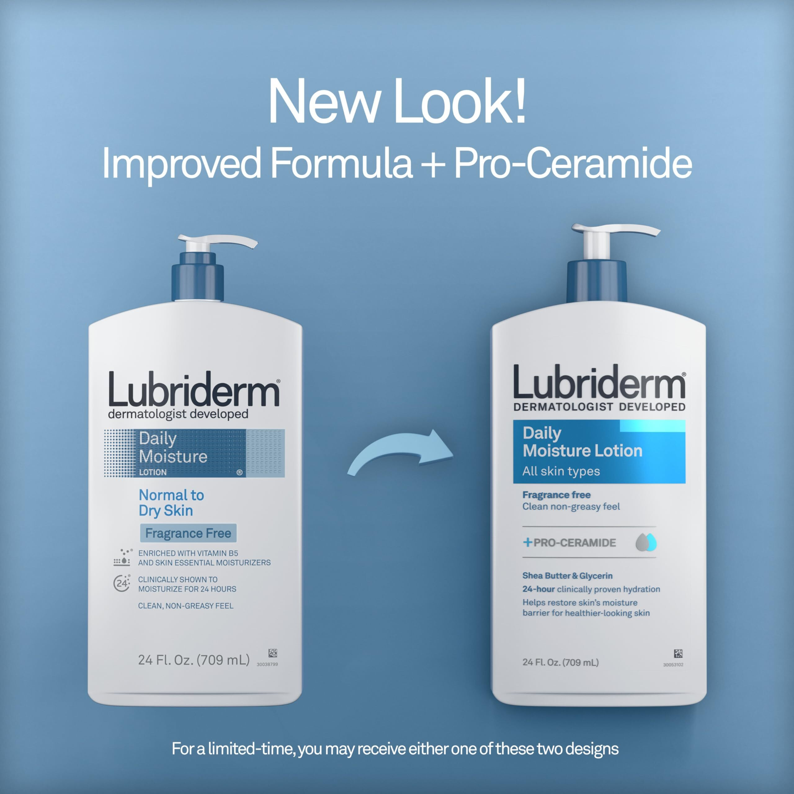 Lubriderm Fragrance Free Daily Moisture Lotion + Pro-Ceramide, Shea Butter & Glycerin, Face, Hand & Body Lotion For Sensitive Skin, Hydrating Lotion For Healthier-Looking Skin, 24 Fl. Oz