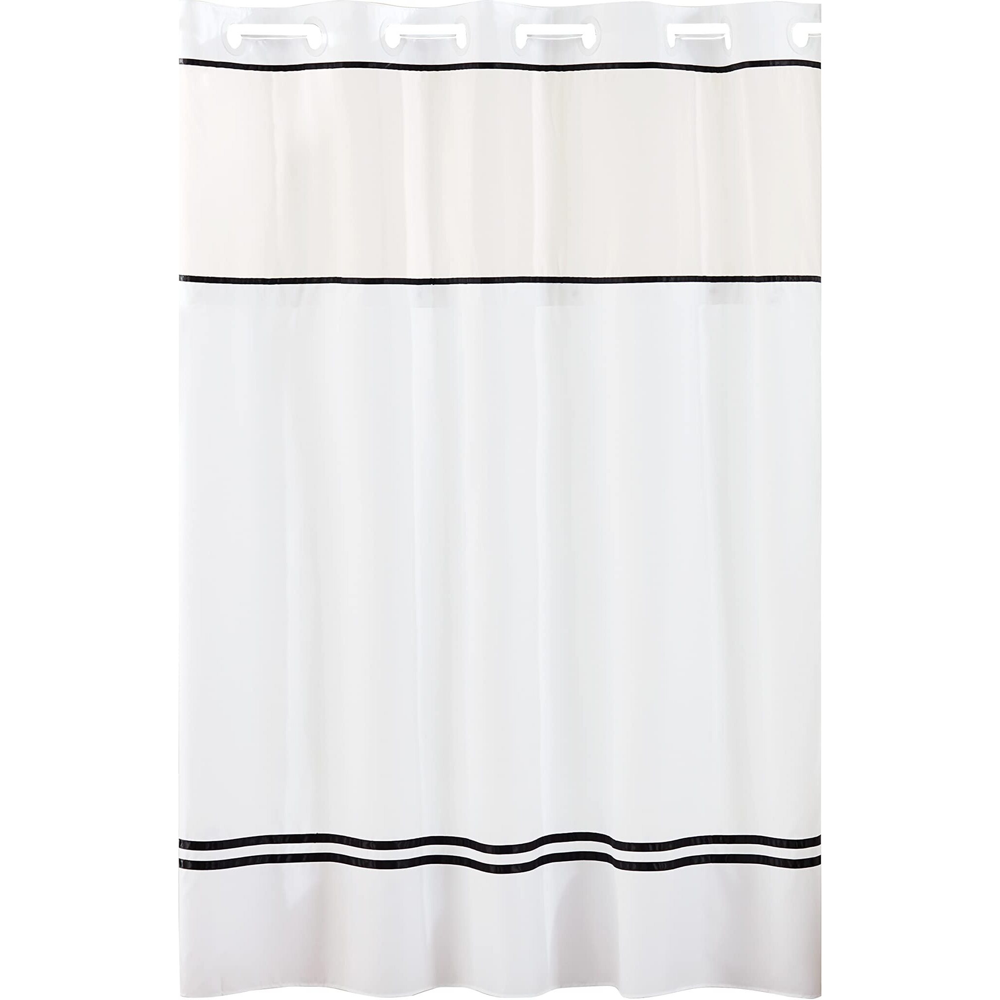 Hookless It's A Snap Monterey Shower Curtain, 3-In-1 Shower Curtain Set Includes Fabric Shower Curtain With Sheer Top Window, Flex-On Rings & Peva Liner, 71"" X 74"", White/Black