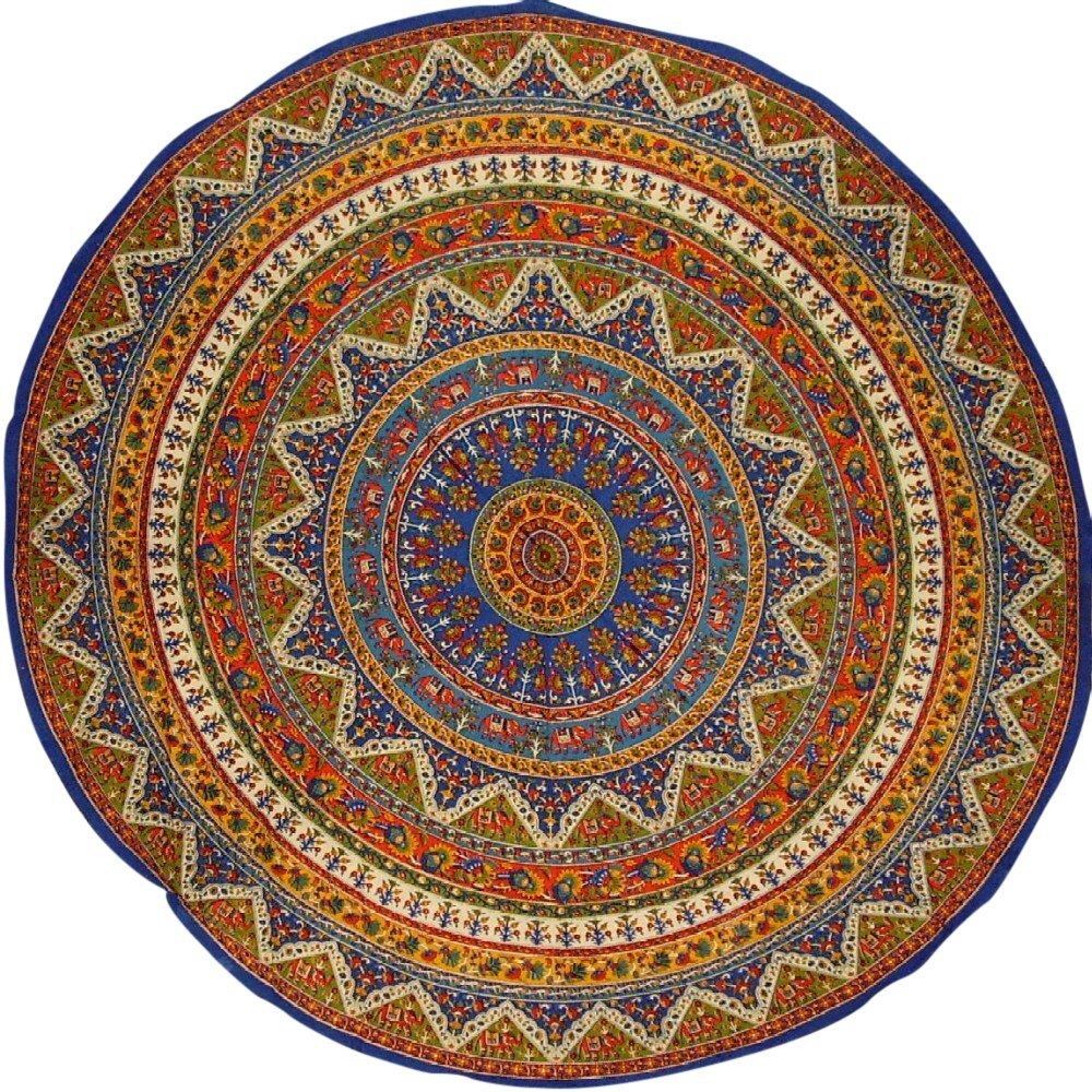 Indian Mandala Print Round Cotton Tablecloth 76"" Blue