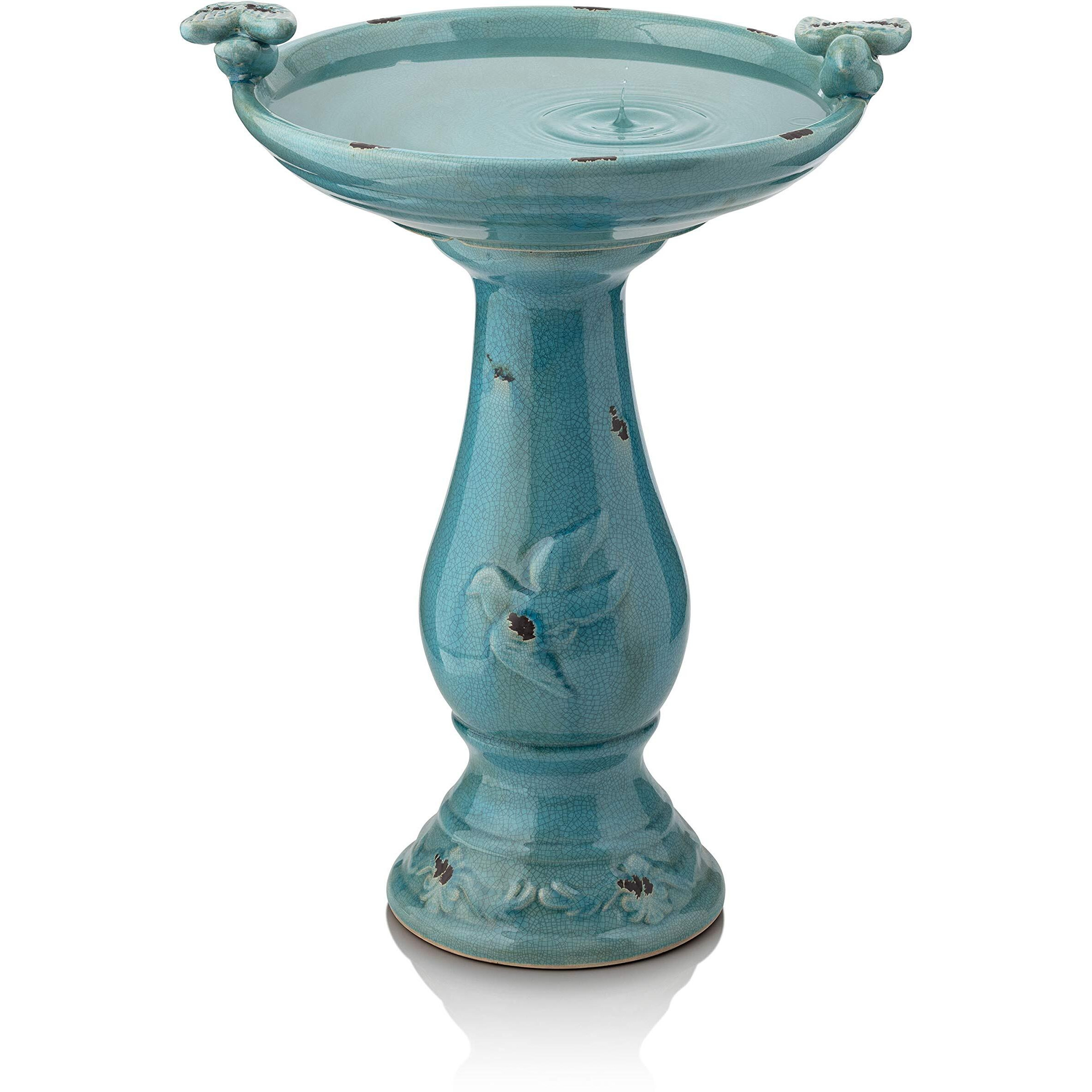 Alpine Corporation 25"" Tall Outdoor Ceramic Antique Pedestal Birdbath With 2 Bird Figurines, Turquoise