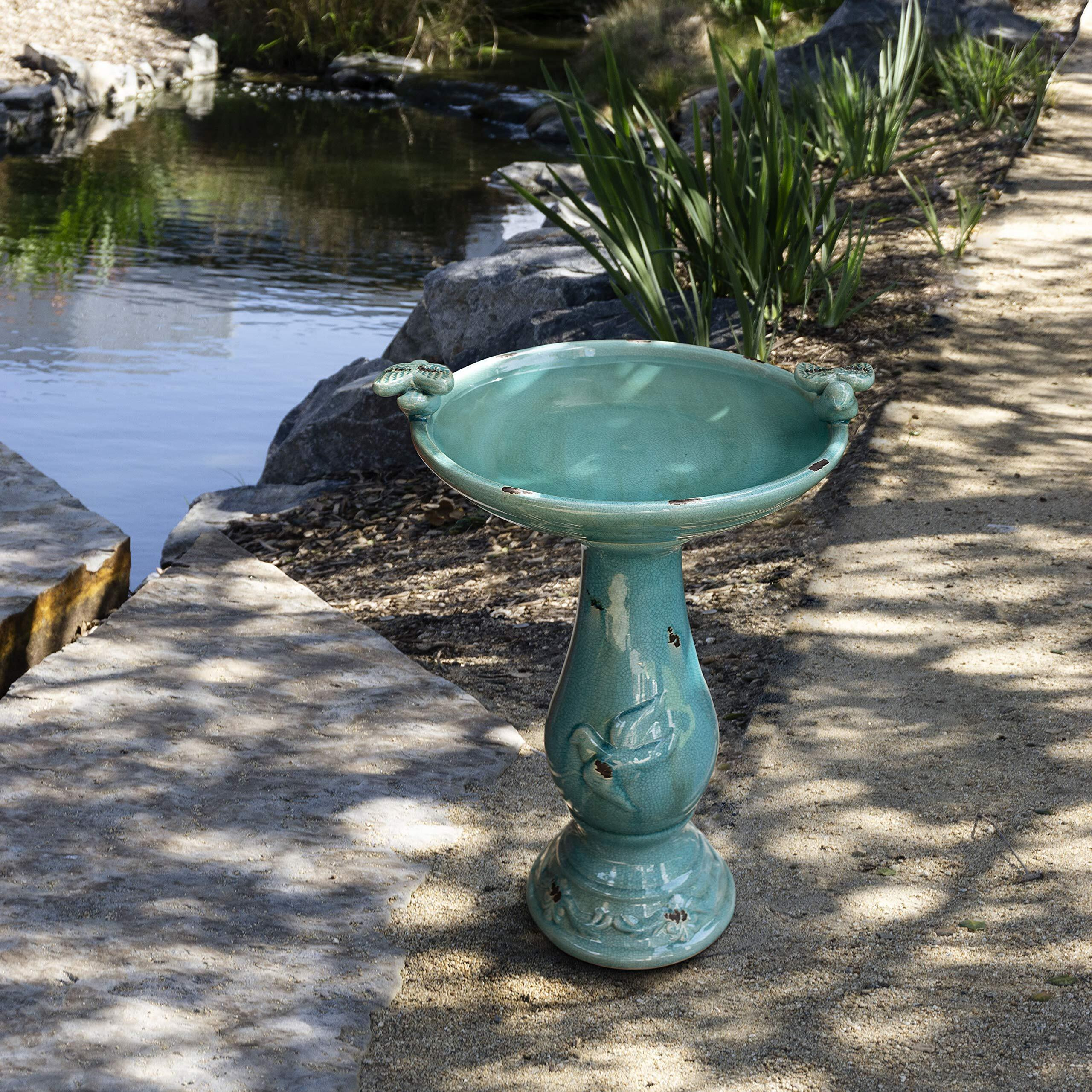 Alpine Corporation 25"" Tall Outdoor Ceramic Antique Pedestal Birdbath With 2 Bird Figurines, Turquoise