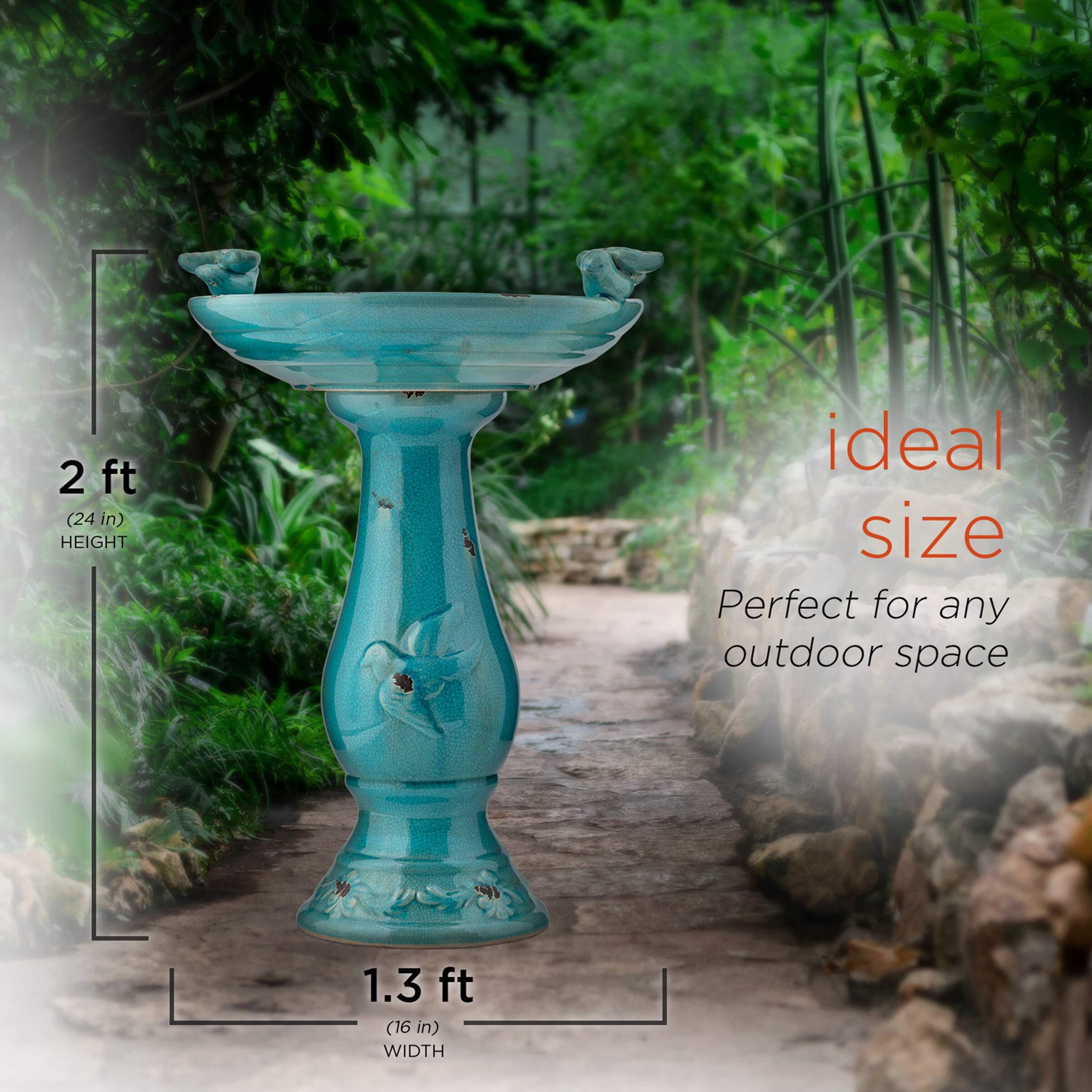 Alpine Corporation 25"" Tall Outdoor Ceramic Antique Pedestal Birdbath With 2 Bird Figurines, Turquoise