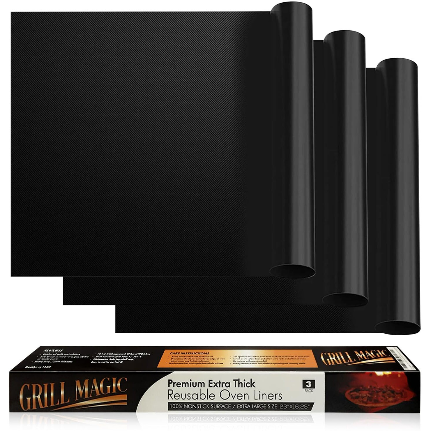 3 Pack Non-Stick Heavy Duty Oven Liners Set For Bottom Of Electric Oven By Grill Magic - Thick, Heat Resistant Fiberglass Mat - Easy To Clean, Reduce Spills, Stuck Foods & Clean Up - Bpa Free
