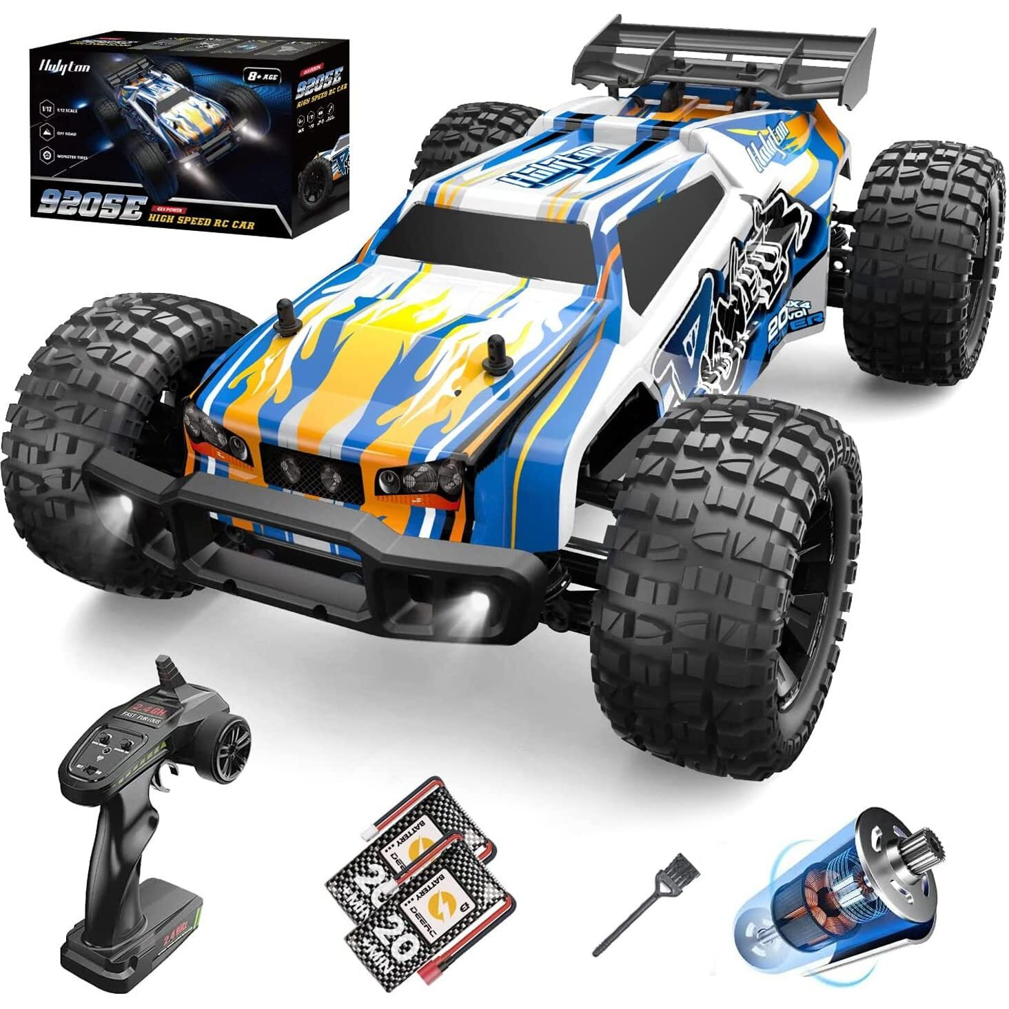 Holyton 110 Large High Speed Remote Control Car With Led Shell Lights, 48+ Km/H, 4Wd Offroad Monster Truck For Adults & Kids, Hobby Rc Truck Vehicle, 2 Battery Crawler Toy Gift For Boy