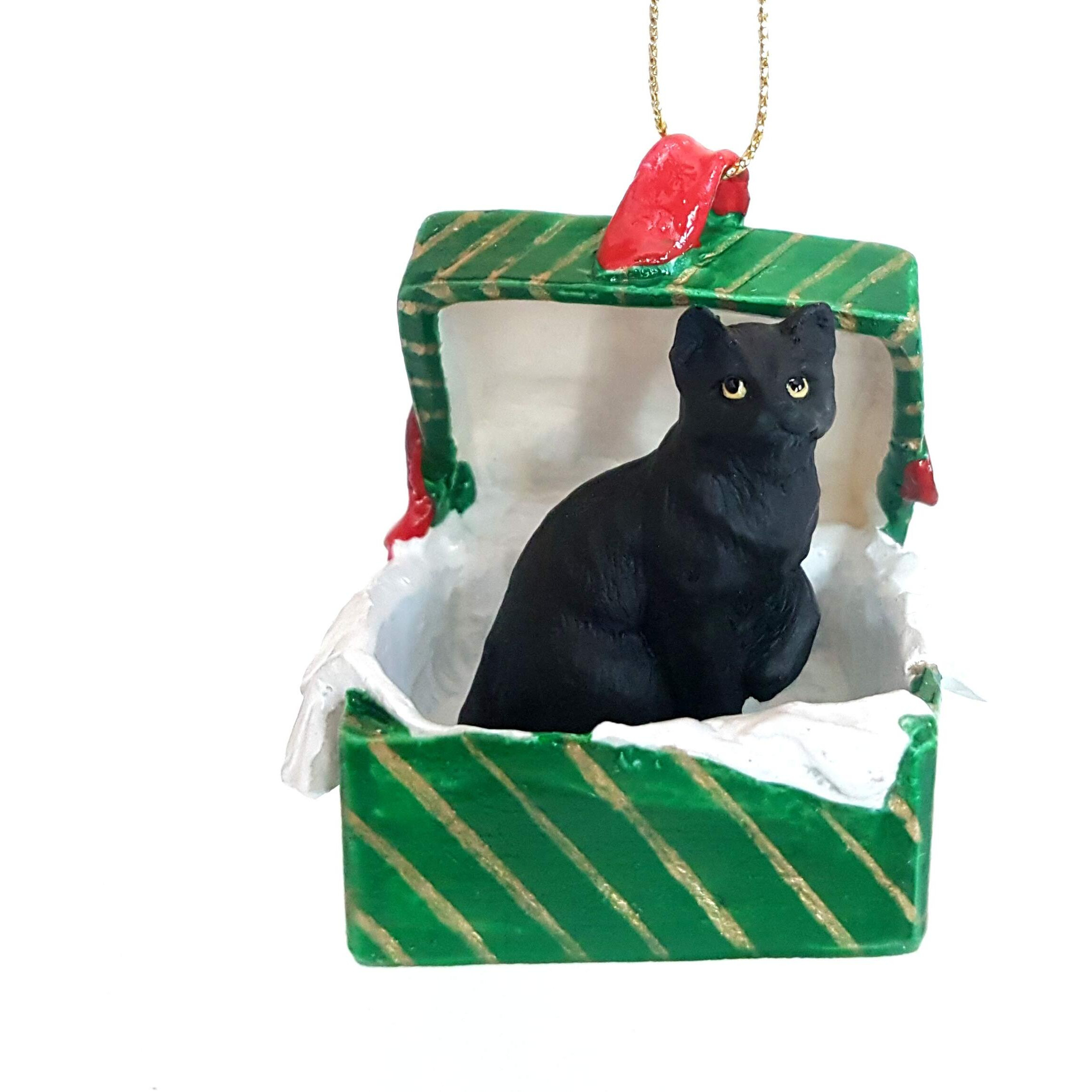 Conversation Concepts Tabby Cat Gift Box Christmas Ornament Black Shorthaired - Delightful - Made With Vinyl & Stone