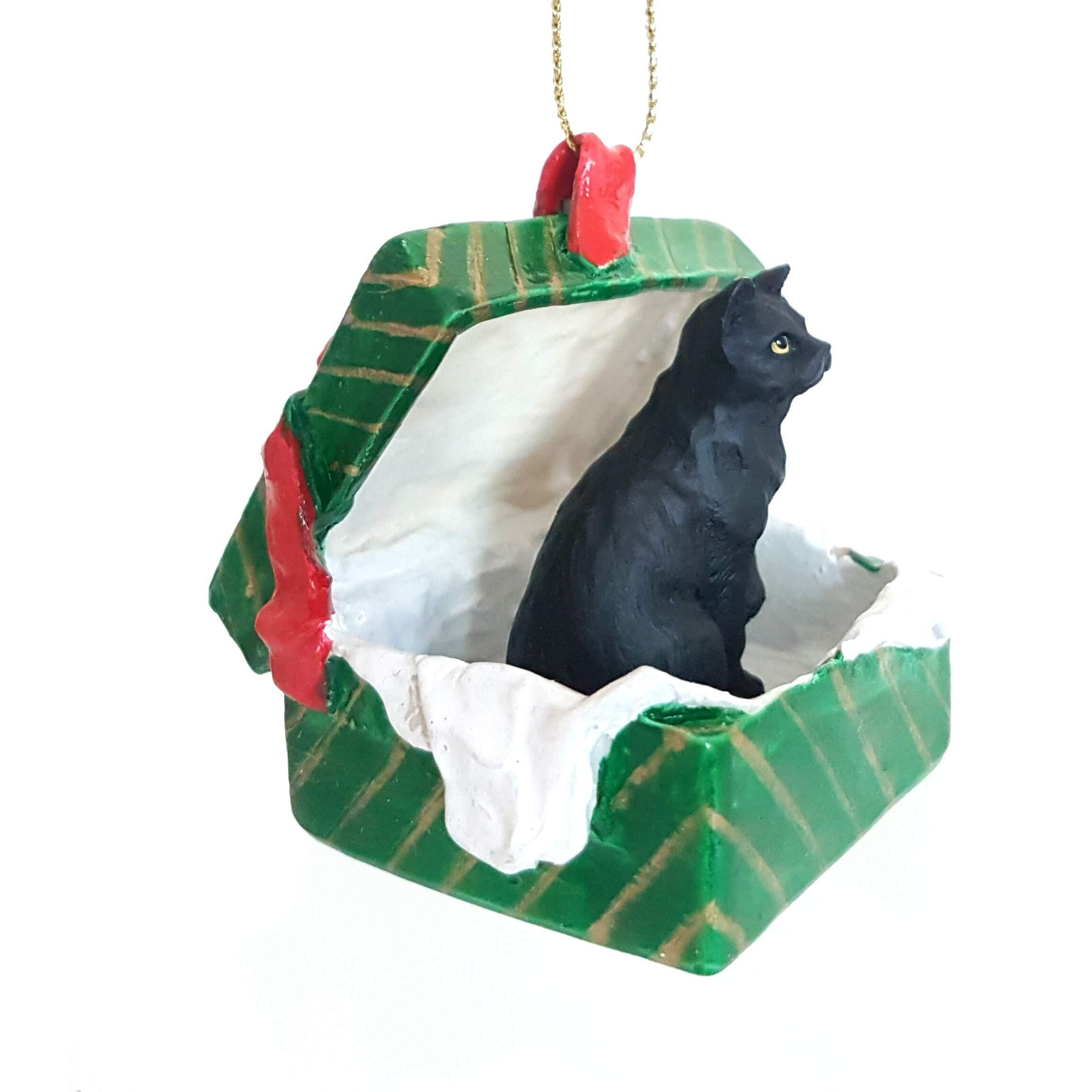 Conversation Concepts Tabby Cat Gift Box Christmas Ornament Black Shorthaired - Delightful - Made With Vinyl & Stone