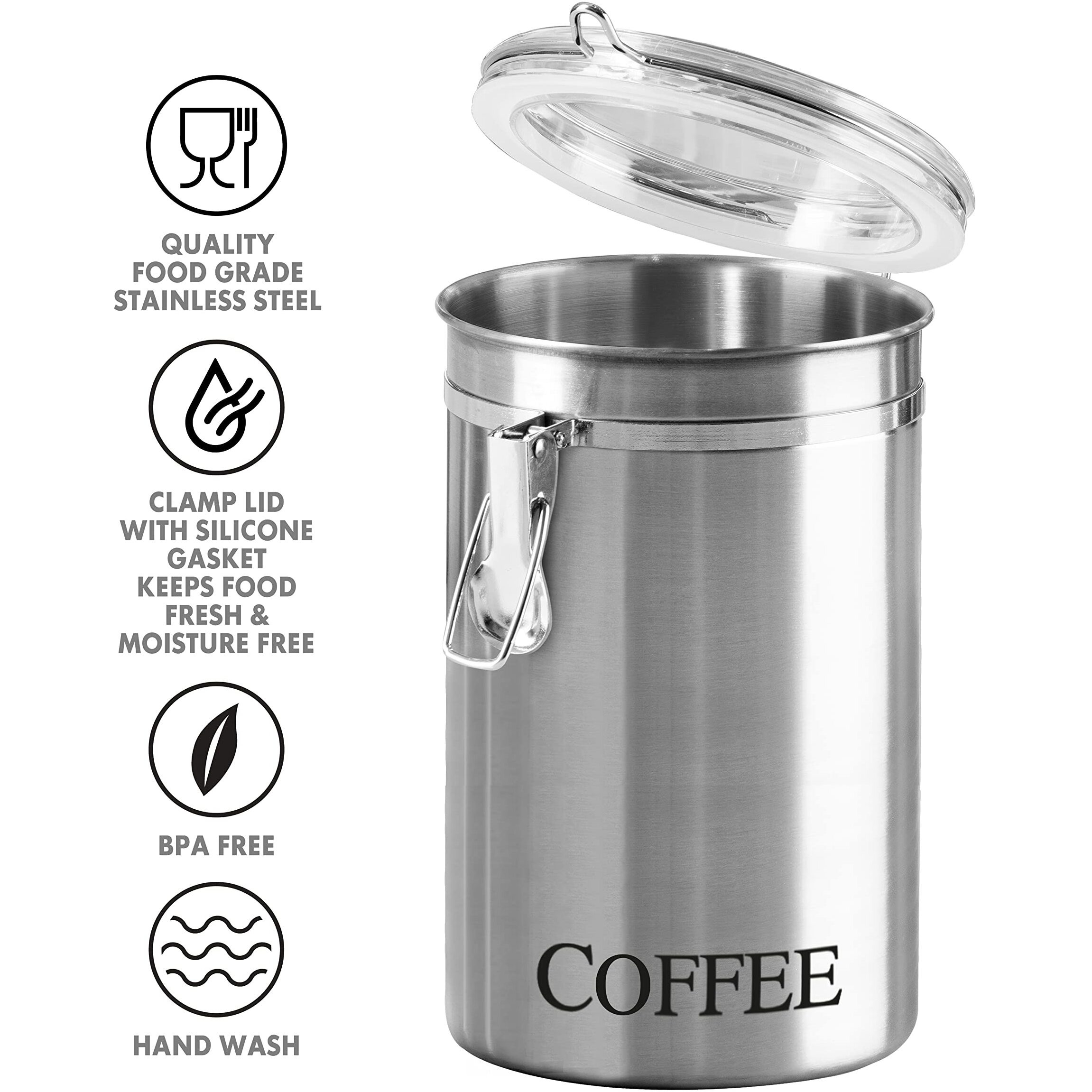 Oggi Stainless Steel Coffee Canister 62 Fl Oz - Airtight Clamp Lid, Clear See-Thru Top - Ideal For Coffee Bean Storage, Ground Coffee Storage, Kitchen Storage, Pantry Storage. Large Size 5"" X 7.5"".