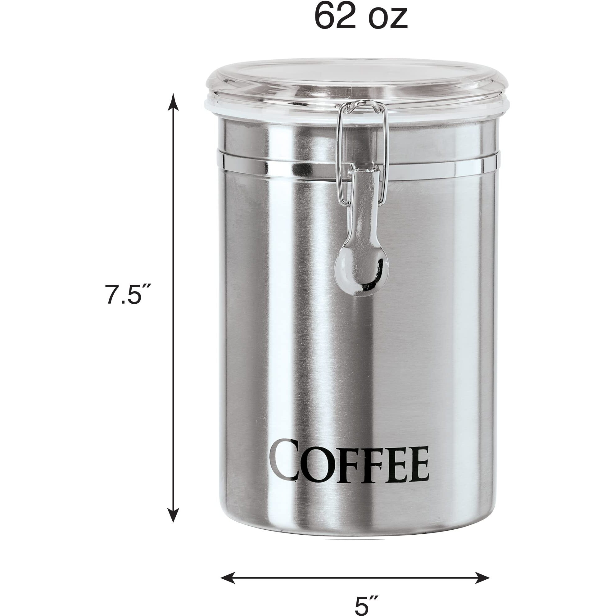 Oggi Stainless Steel Coffee Canister 62 Fl Oz - Airtight Clamp Lid, Clear See-Thru Top - Ideal For Coffee Bean Storage, Ground Coffee Storage, Kitchen Storage, Pantry Storage. Large Size 5"" X 7.5"".