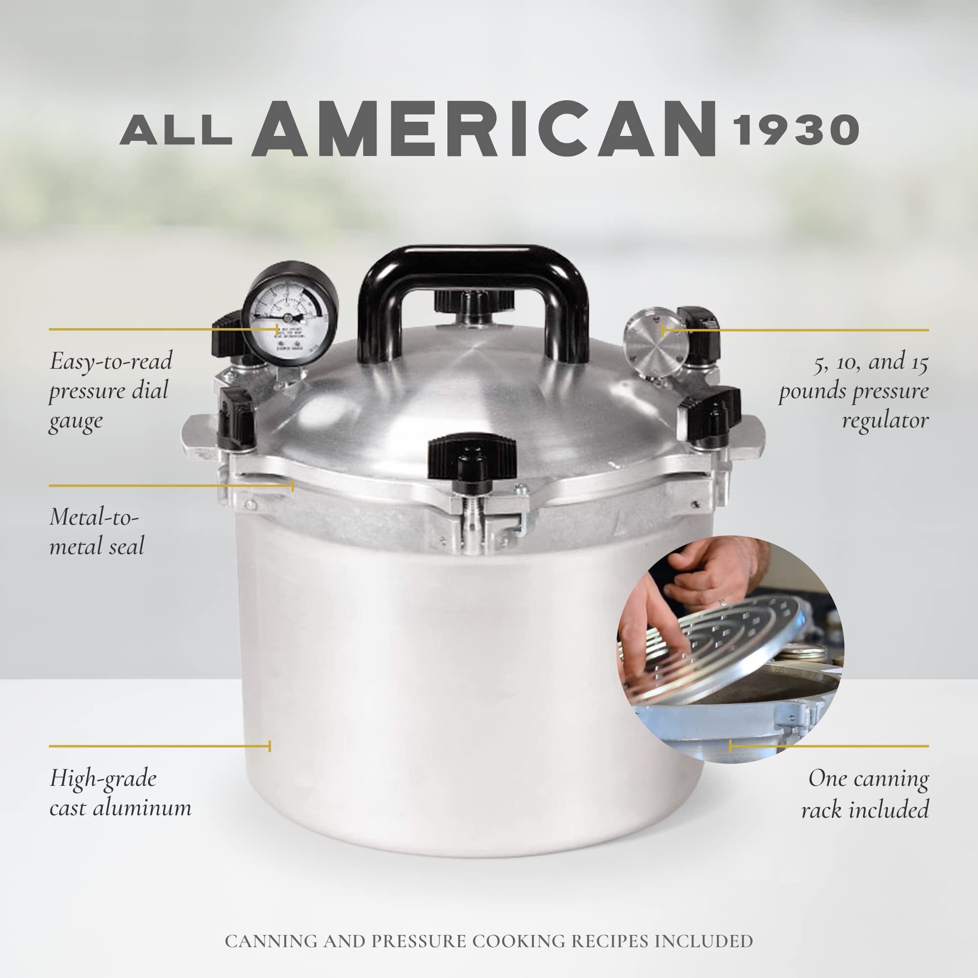 All American 1930 15.5Qt Pressure Cooker/Canner (The 915) - Exclusive Metal-To-Metal Sealing System - Easy To Open & Close - Suitable For Gas, Electric, Or Flat Top Stoves - Made In The Usa