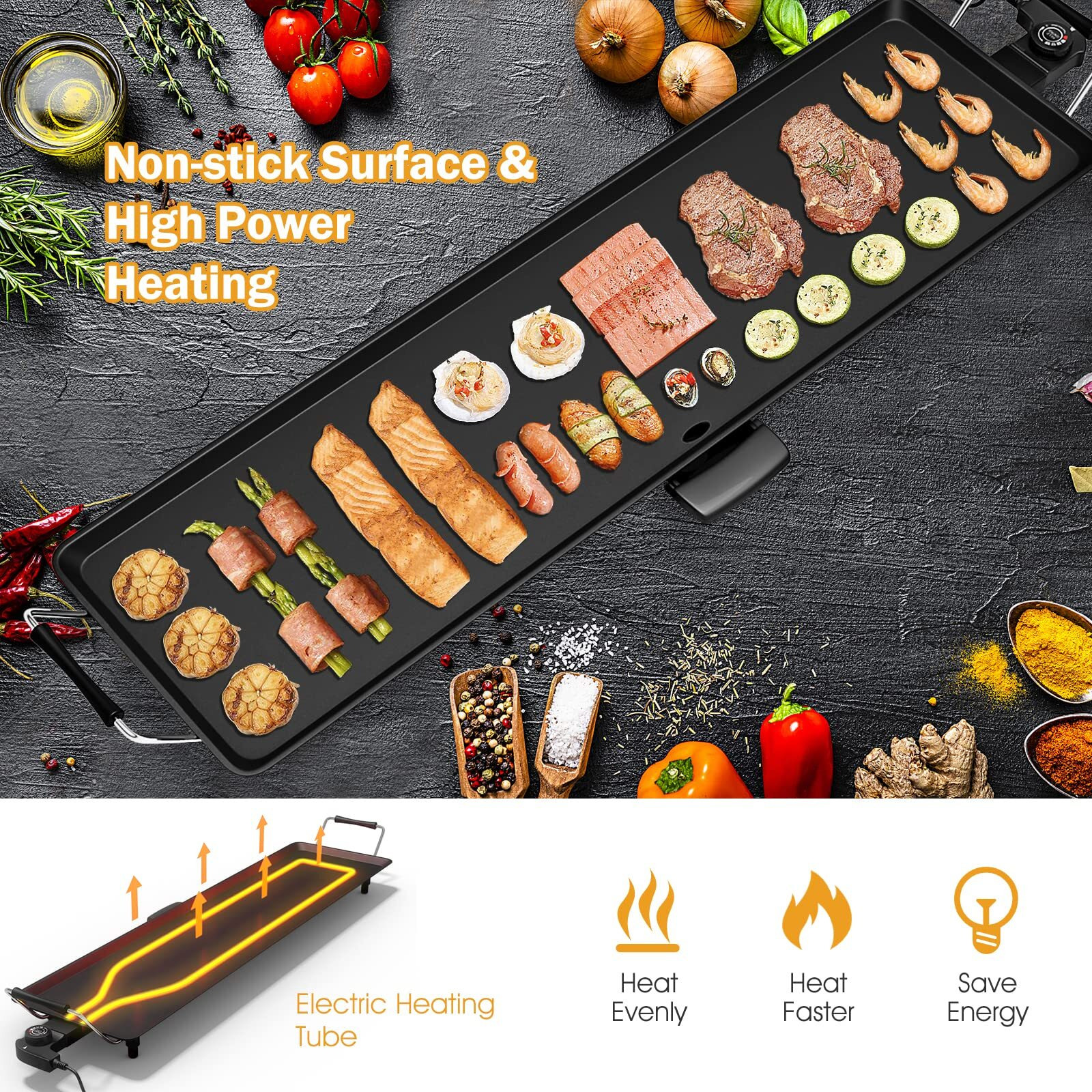 Costzon 35"" Electric Griddle Teppanyaki Grill Bbq, Nonstick Extra Large Griddle Long Countertop Grill With Adjustable Temperature & Drip Tray, Indoor Outdoor Cooking Plates For Pancake Barbecue