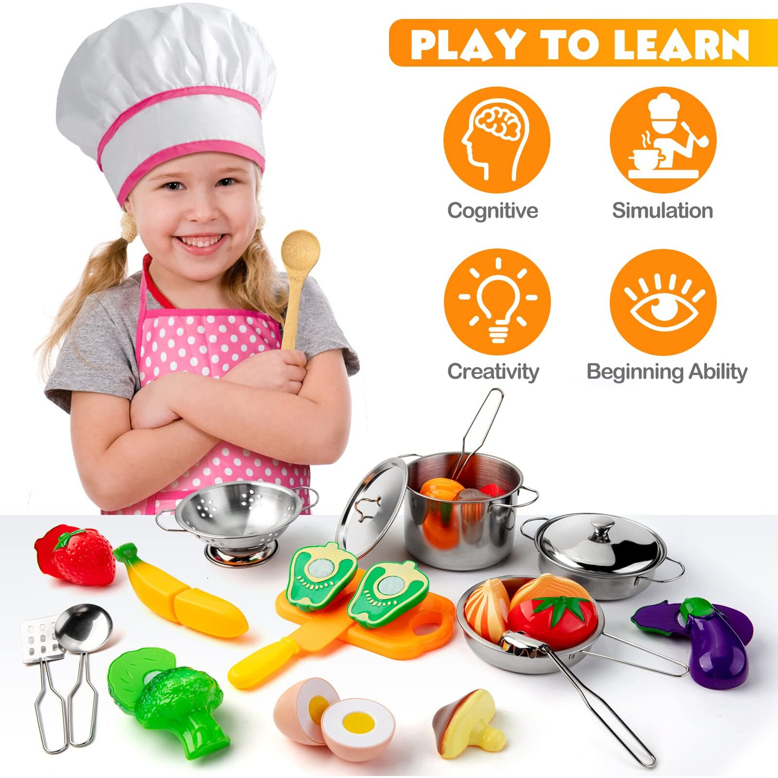 Tigerhu 26Pcs Play Kitchen Accessories, Kitchen Pretend Play Cooking Toys W/ Stainless Steel Cookware, Apron & Chef Hat,Pots And Pans Set, Cutting Foods, Great Learning Gifts For Toddler & Boys Girls