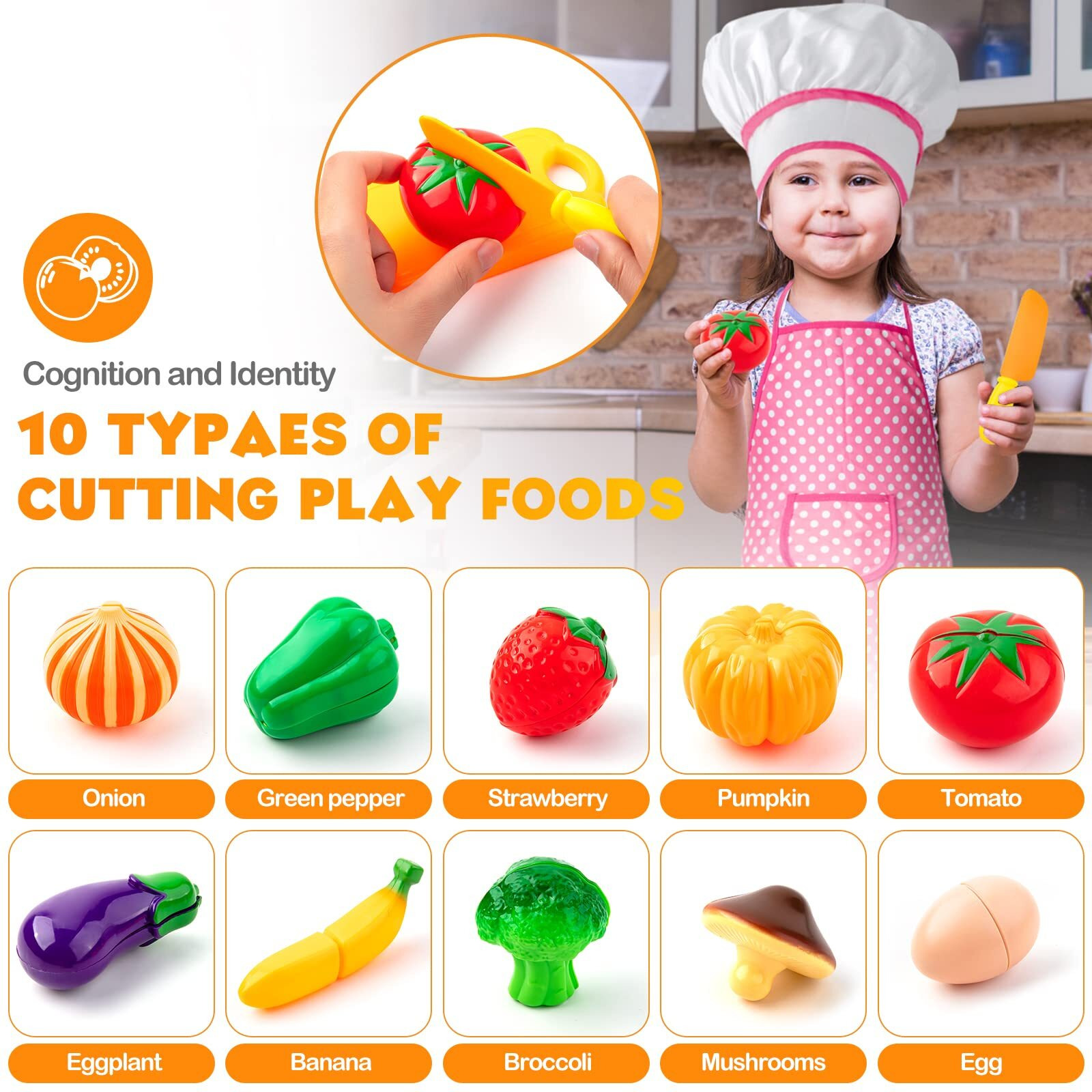 Tigerhu 26Pcs Play Kitchen Accessories, Kitchen Pretend Play Cooking Toys W/ Stainless Steel Cookware, Apron & Chef Hat,Pots And Pans Set, Cutting Foods, Great Learning Gifts For Toddler & Boys Girls