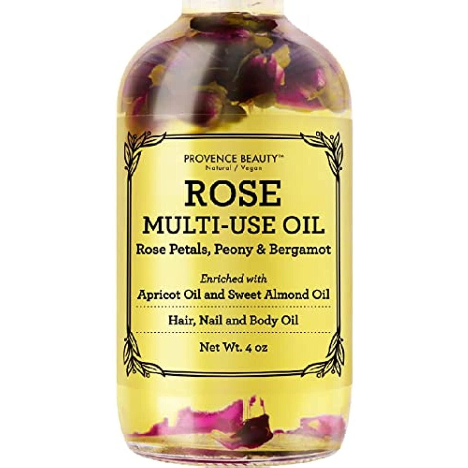 Multi-Use Oil For Face, Body And Hair - Organic Blend Of Apricot, Vitamin E And Sweet Almond Oil Moisturizer For Dry Skin, Scalp And Nails - Rose Petals, And Bergamot Essential Oil - 4 Fl Oz