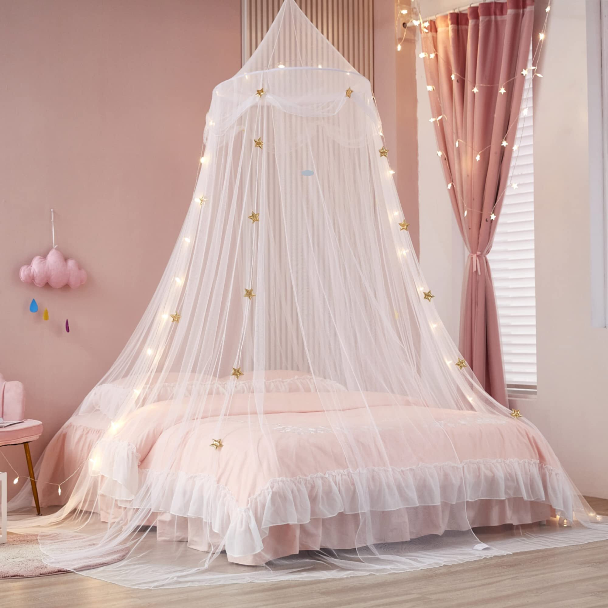 Nattey Bed Canopy With Lights For Girls,Gold Star Princess Crib Canopy Curtains,Extra Large Dome Mosquito Net Reading Nook Canopy For Kids Boys Twin Full Queen Size Bed,Fire Retardant Fabric