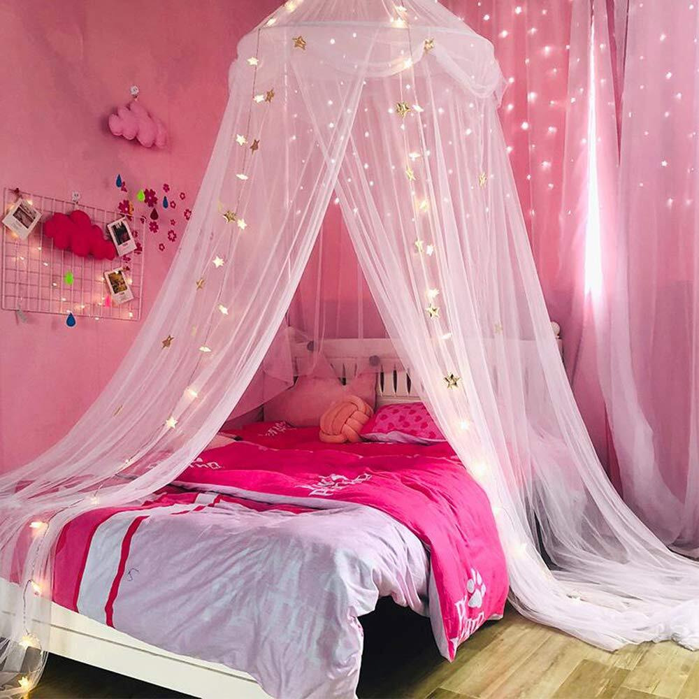 Nattey Bed Canopy With Lights For Girls,Gold Star Princess Crib Canopy Curtains,Extra Large Dome Mosquito Net Reading Nook Canopy For Kids Boys Twin Full Queen Size Bed,Fire Retardant Fabric