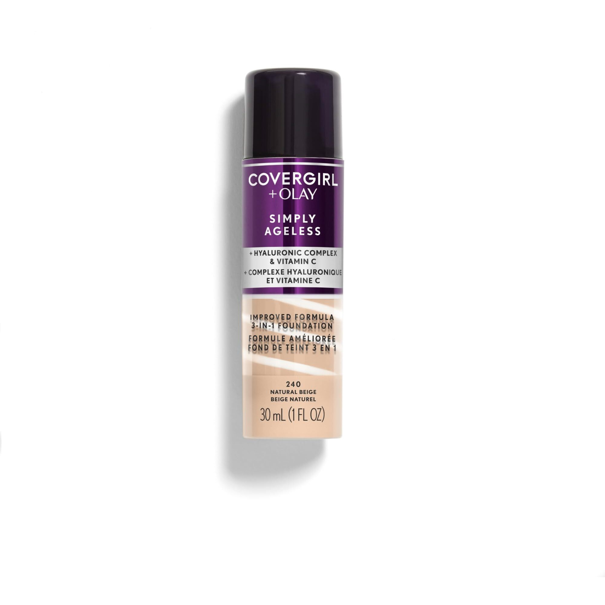 Covergirl & Olay Simply Ageless 3-In-1 Liquid Foundation, Matte Finish, Hyaluronic & Vitamin C Formula, Cruelty Free, Natural Beige, 1 Count