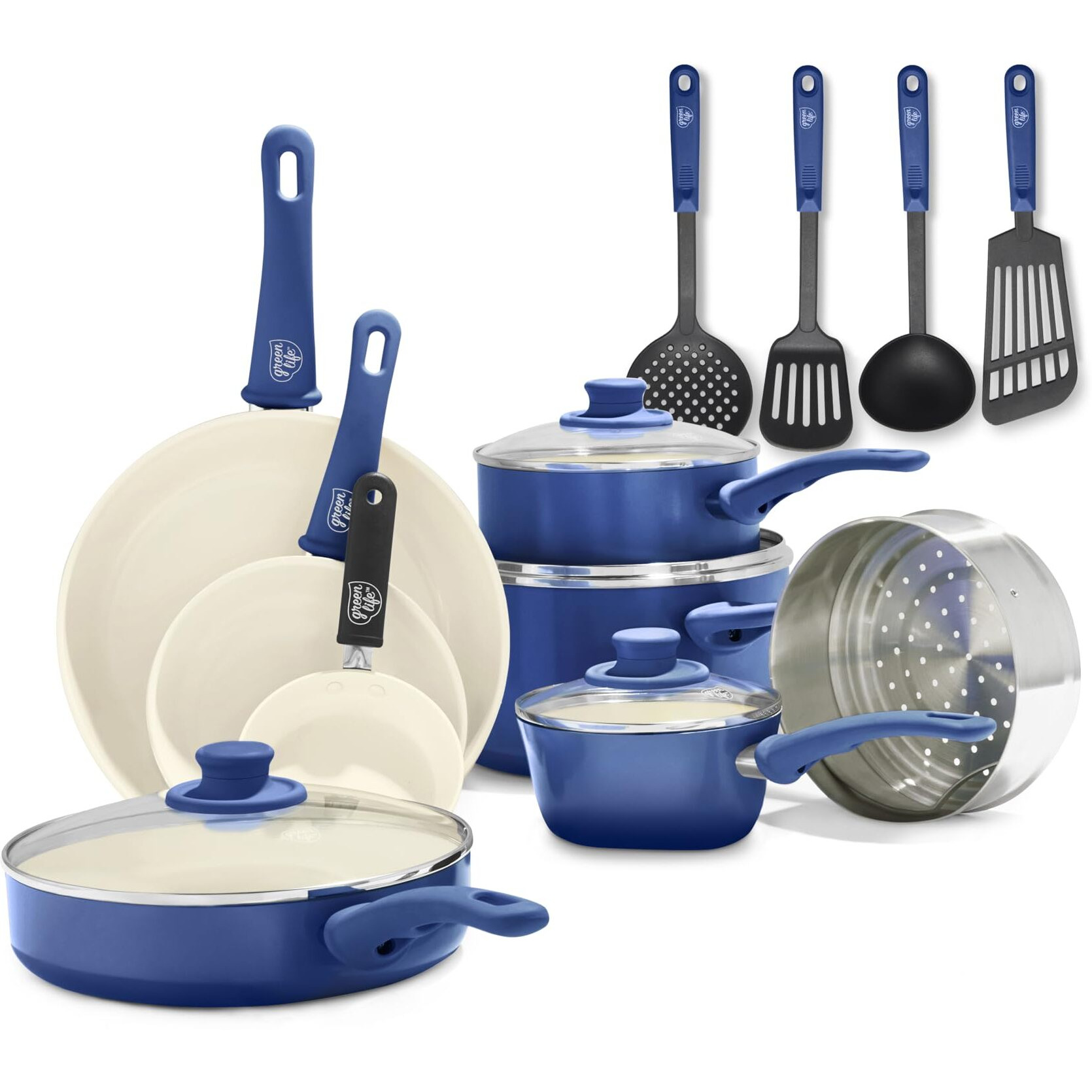 Greenlife Soft Grip 16 Piece Cookware Set, Non-Toxic Pfas-Free Ceramic Nonstick, Frying, Sauce, Saute, Utensils, Glass Lids, Stay-Cool Handles, Wobble Free, Dishwasher & Oven Safe, Blue