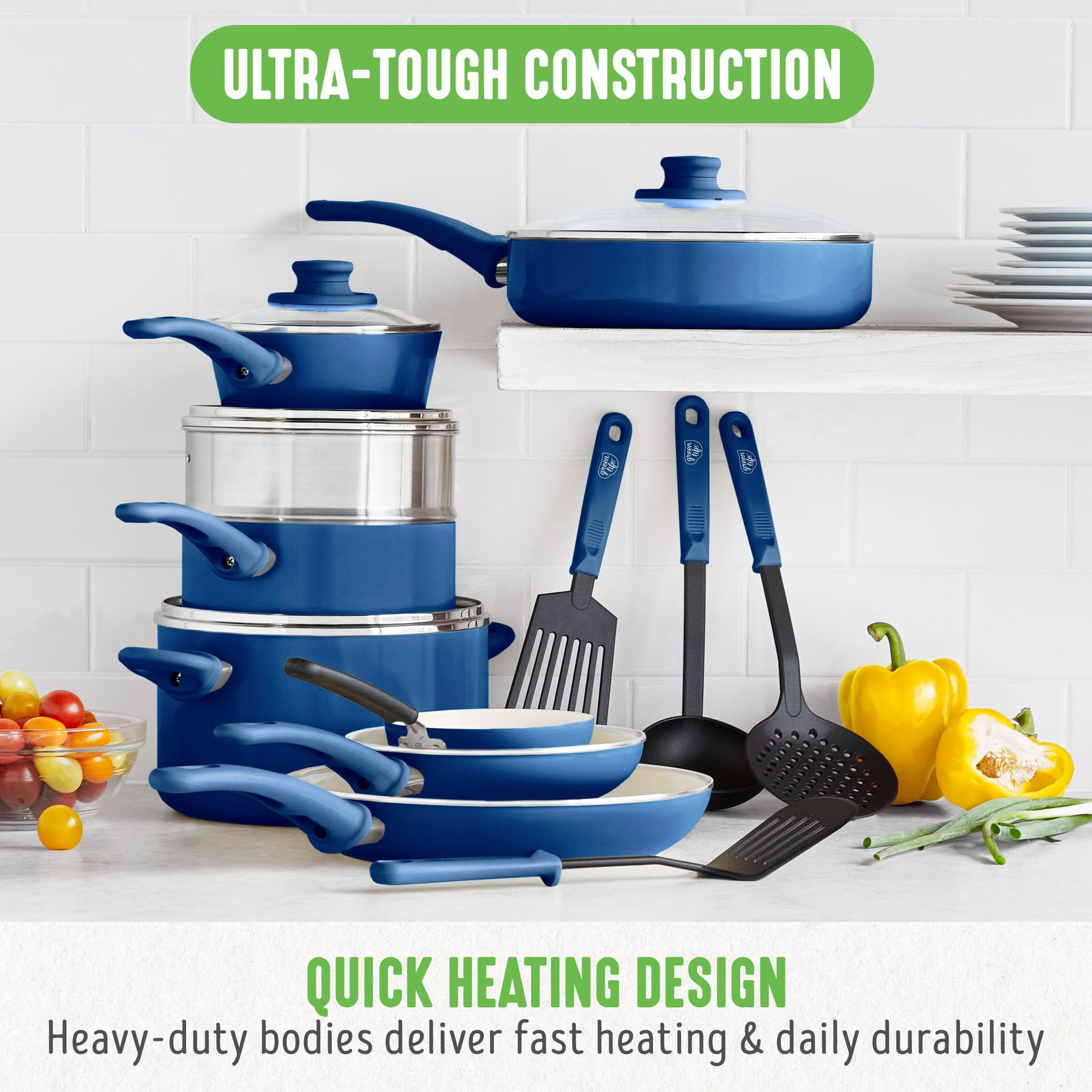 Greenlife Soft Grip 16 Piece Cookware Set, Non-Toxic Pfas-Free Ceramic Nonstick, Frying, Sauce, Saute, Utensils, Glass Lids, Stay-Cool Handles, Wobble Free, Dishwasher & Oven Safe, Blue