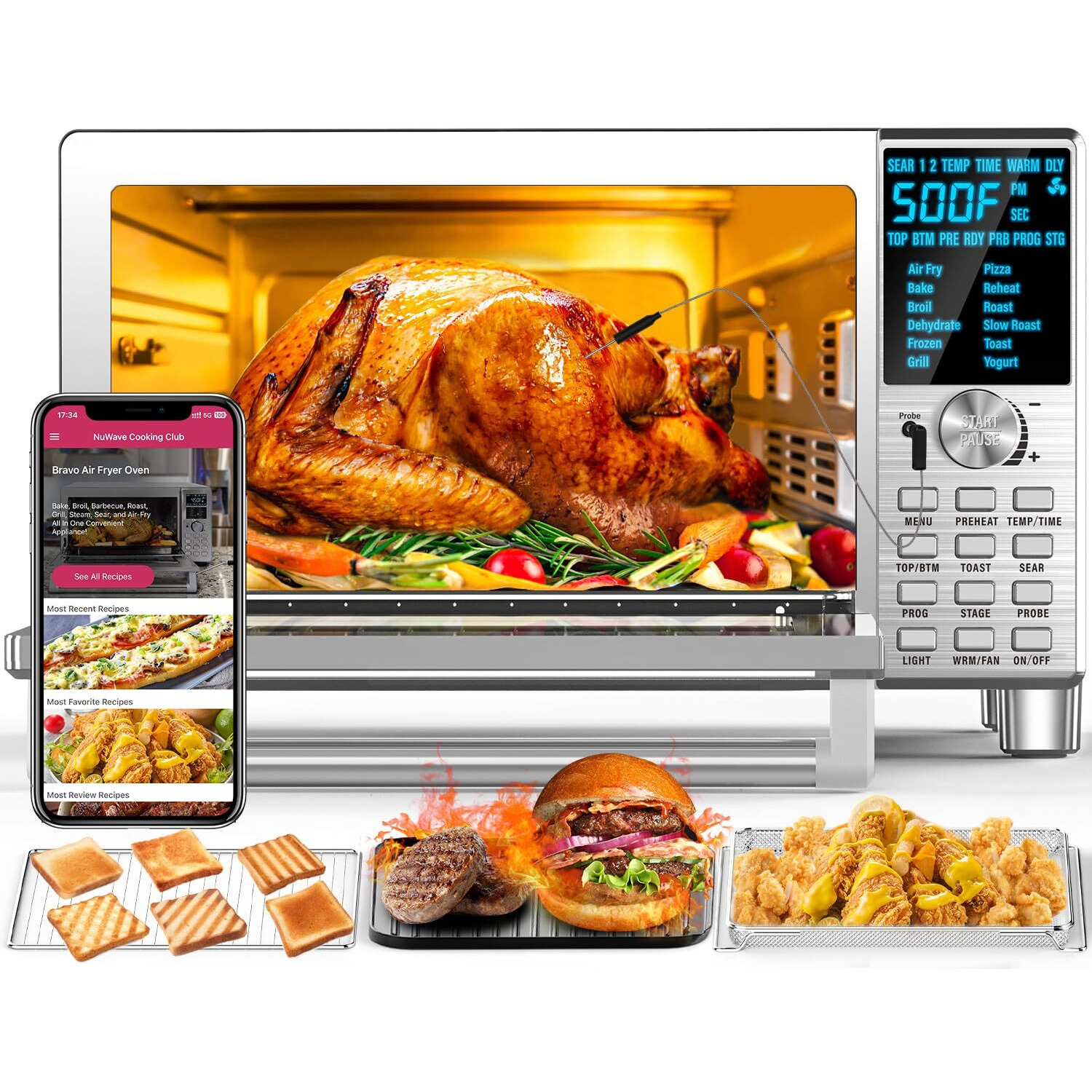 Nuwave Bravo Xl Air Fryer Toaster Smart Oven, 12-In-1 Countertop Grill/Griddle Combo, 30-Qt Xl Capacity, 50F-500F Adjustable In Precise 5F Increments, Integrated Smart Thermometer, Linear T Technology