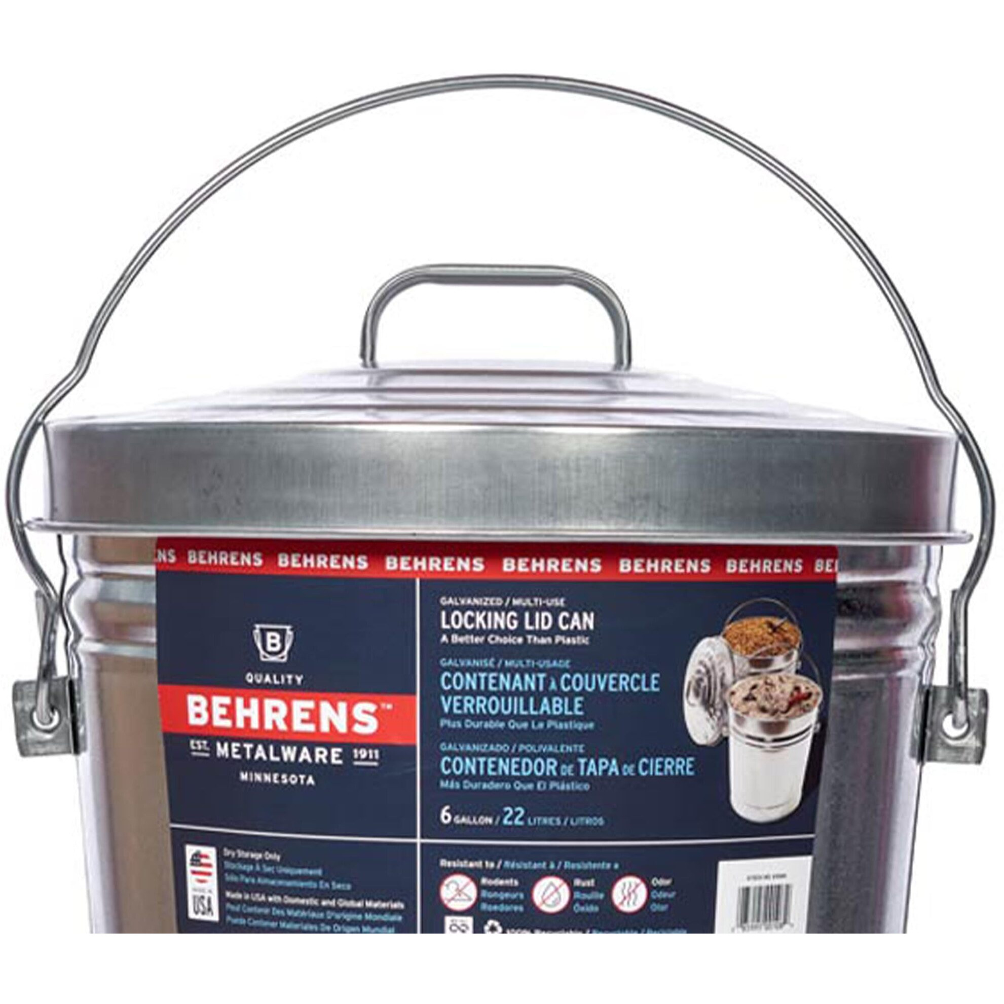Behrens 6 Gallon Rust Proof Galvanized Steel Locking Lid Dry Storage Recyclable Trash Can For Outdoor And Indoor Storage And Waste Disposal