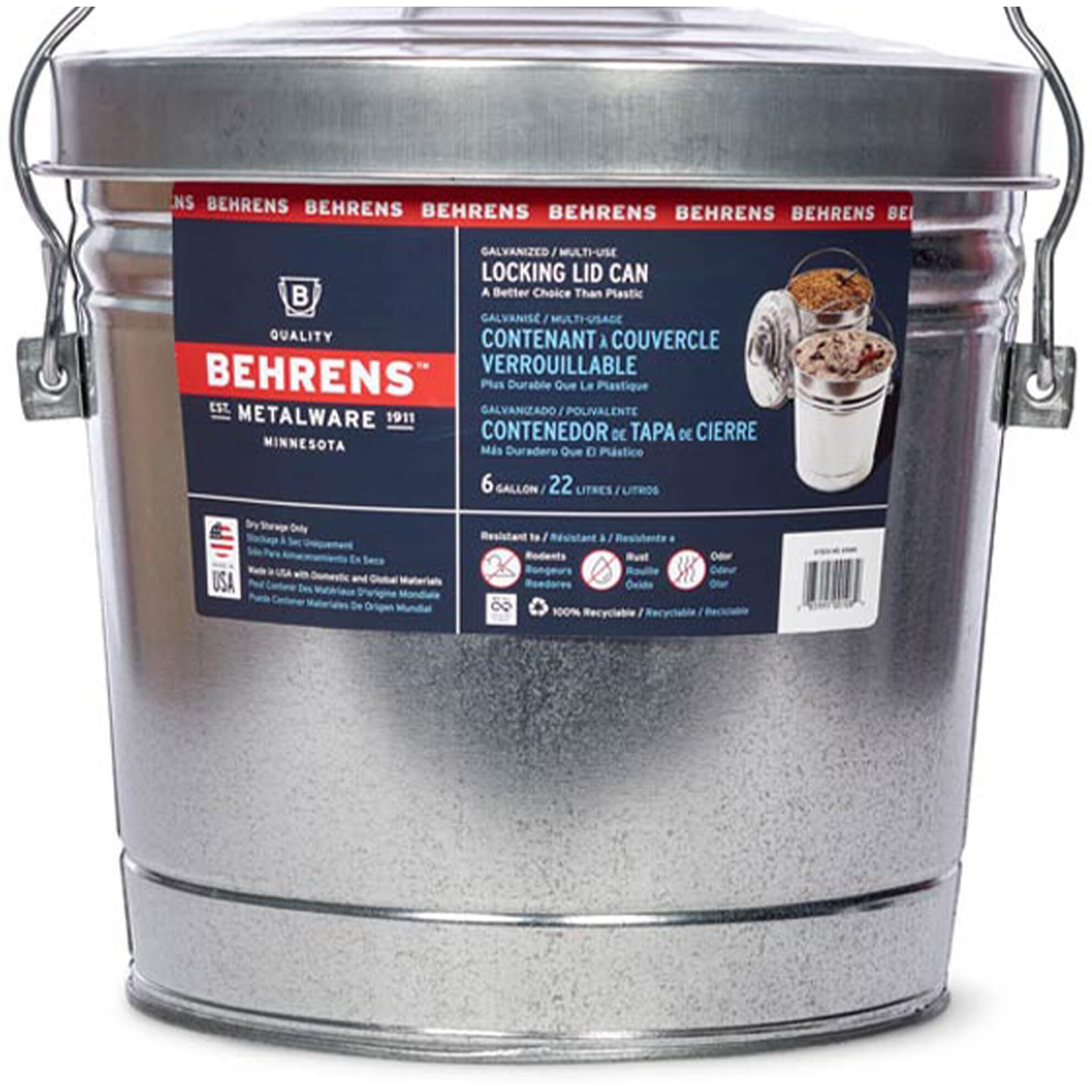 Behrens 6 Gallon Rust Proof Galvanized Steel Locking Lid Dry Storage Recyclable Trash Can For Outdoor And Indoor Storage And Waste Disposal
