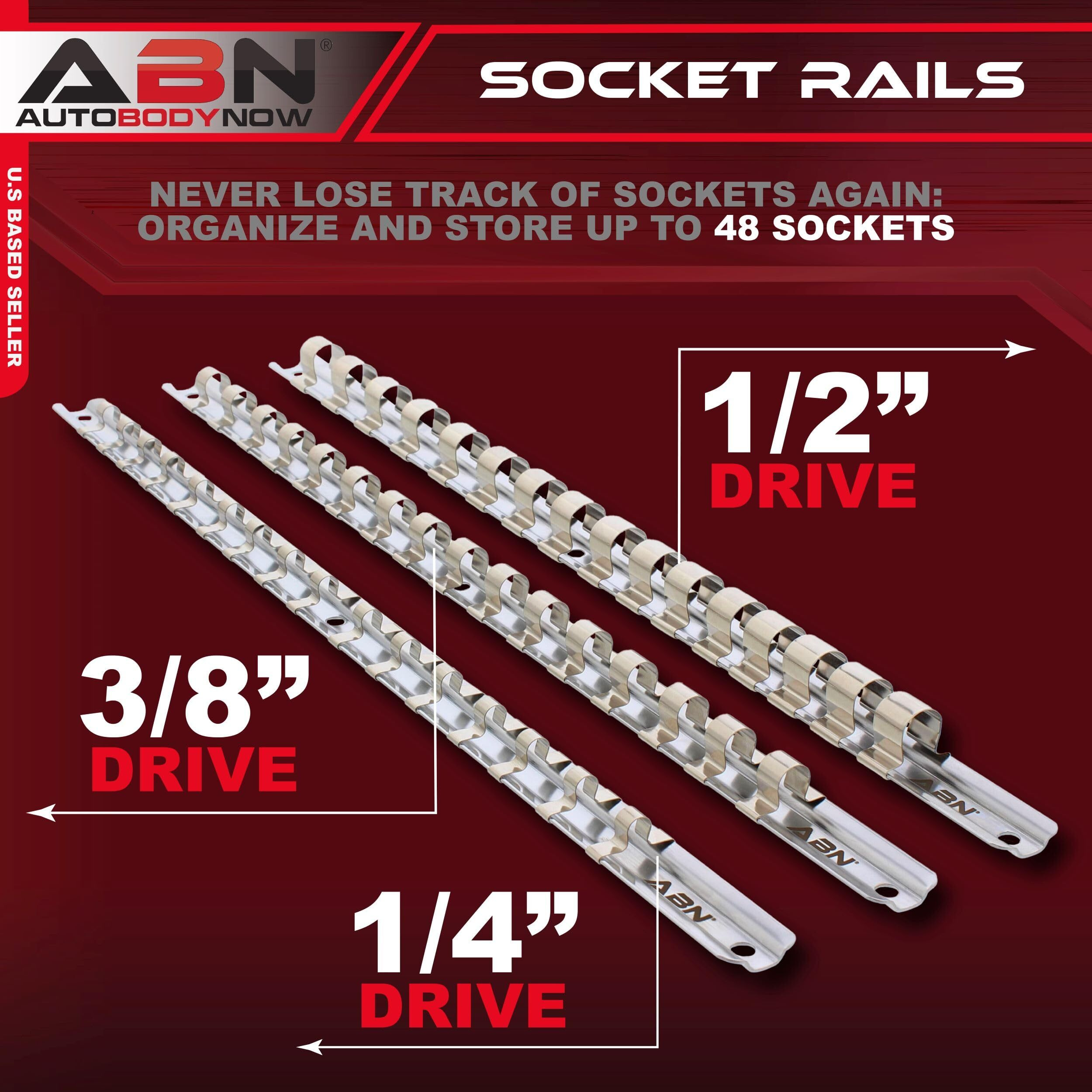 Abn Metal Socket Organizer Tray 3Pc Set 1/4In, 3/8In, 1/2In Drive Socket Tray Socket Rail Organizer & Socket Clips