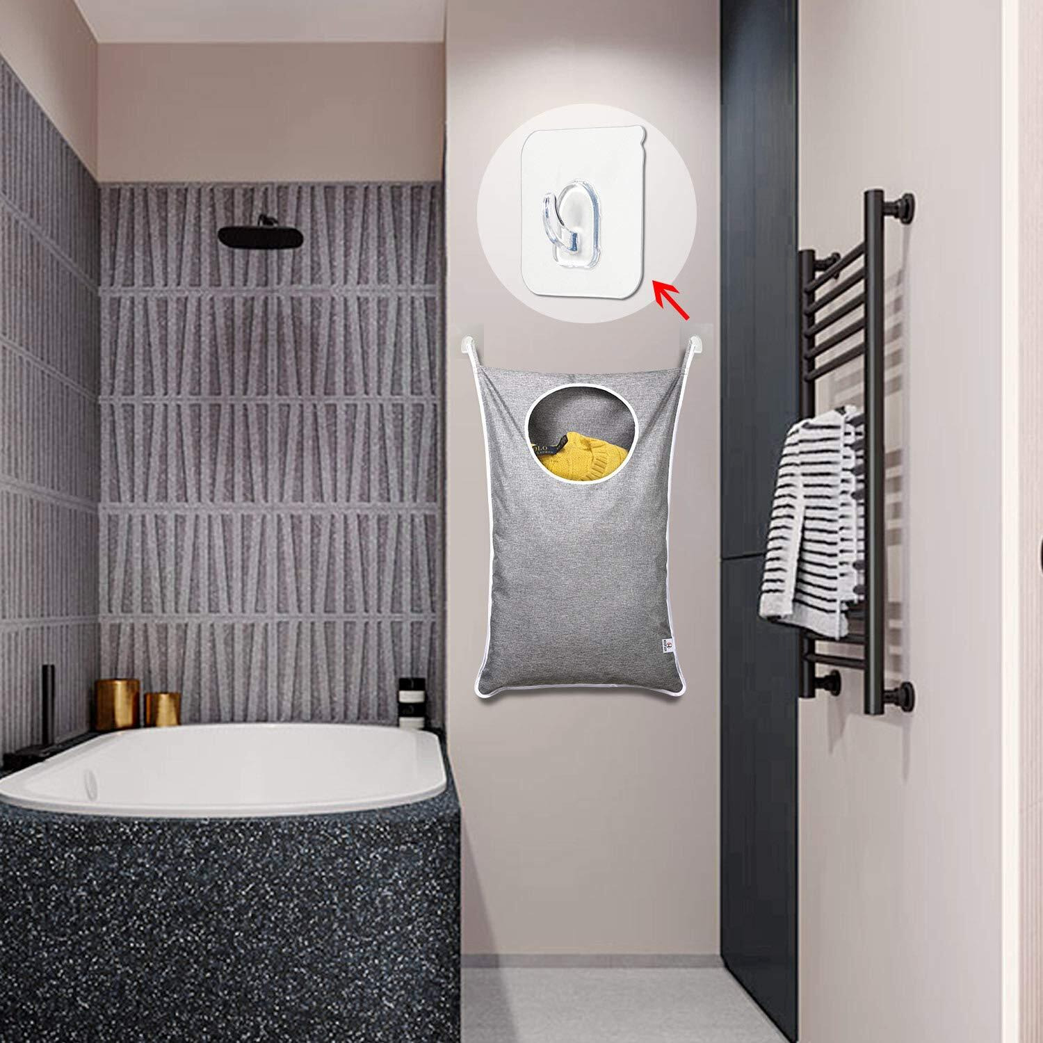 Keepjoy Hanging Laundry Hamper Bag With Free Adjustable Stainless Steel Door 2 Pcs Suction Cup Hooks, Best Choice For Holding Dirty Clothes And Saving Space, Grey