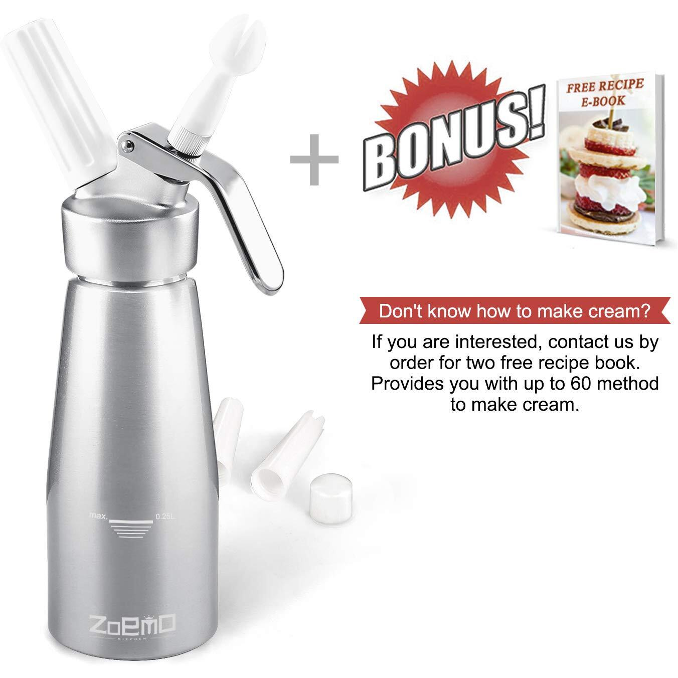 Profesional Whipped Cream Dispenser - Ugraded Full Metal Cream Whipper Canister, W/Durable Metal Body & Head With 3 Decorating Tips (Professional Silver 250 Ml)