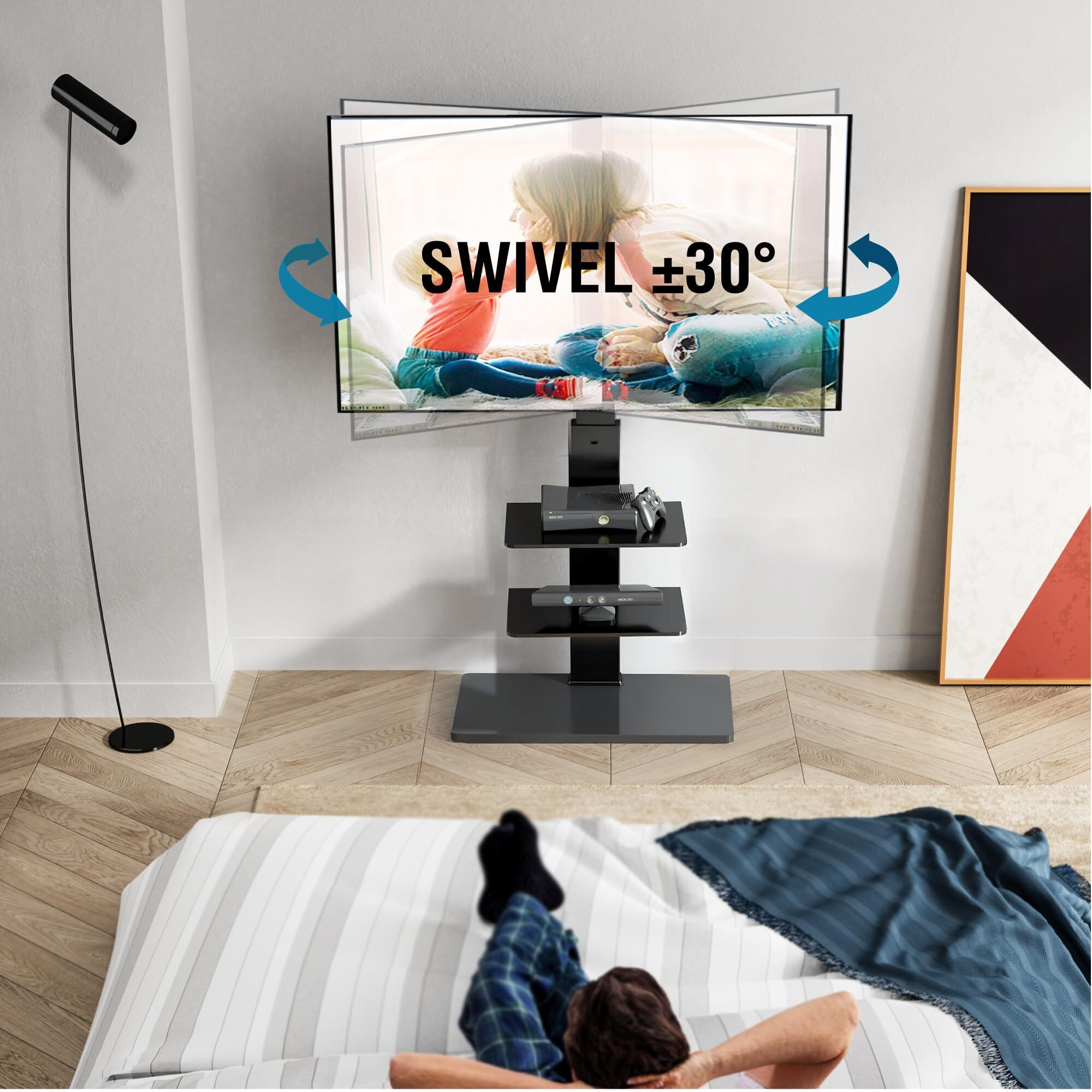 Fitueyes Swivel Floor Tv Stand With Mount For Tvs 37 43 50 55 60 65 70 75 Inch Lcd Led Flat/Curved Screens Universal Swivel Televisions Tv Mount Stand For Bedroom Living Room Black Tempered Glass Base