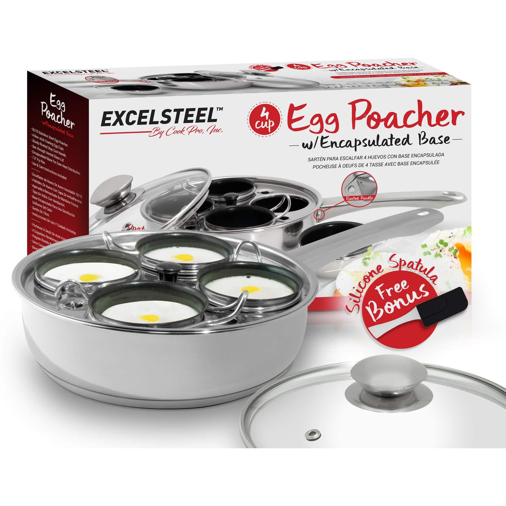 Excelsteel Non Stick Easy Use Rust Resistant Home Kitchen Breakfast Brunch Induction Cooktop Egg Poacher, 4 Cups, 18/10 Stainless Steel