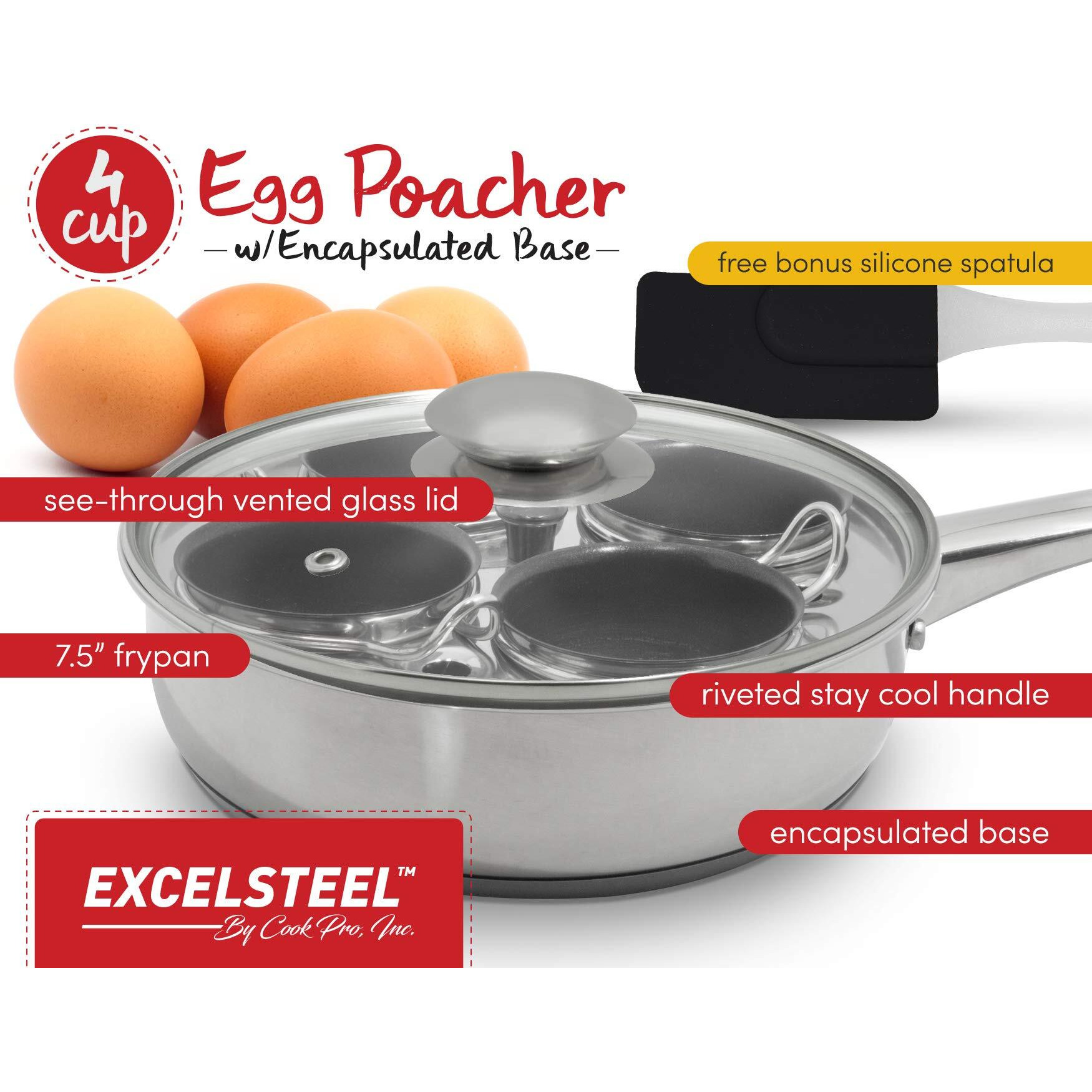 Excelsteel Non Stick Easy Use Rust Resistant Home Kitchen Breakfast Brunch Induction Cooktop Egg Poacher, 4 Cups, 18/10 Stainless Steel