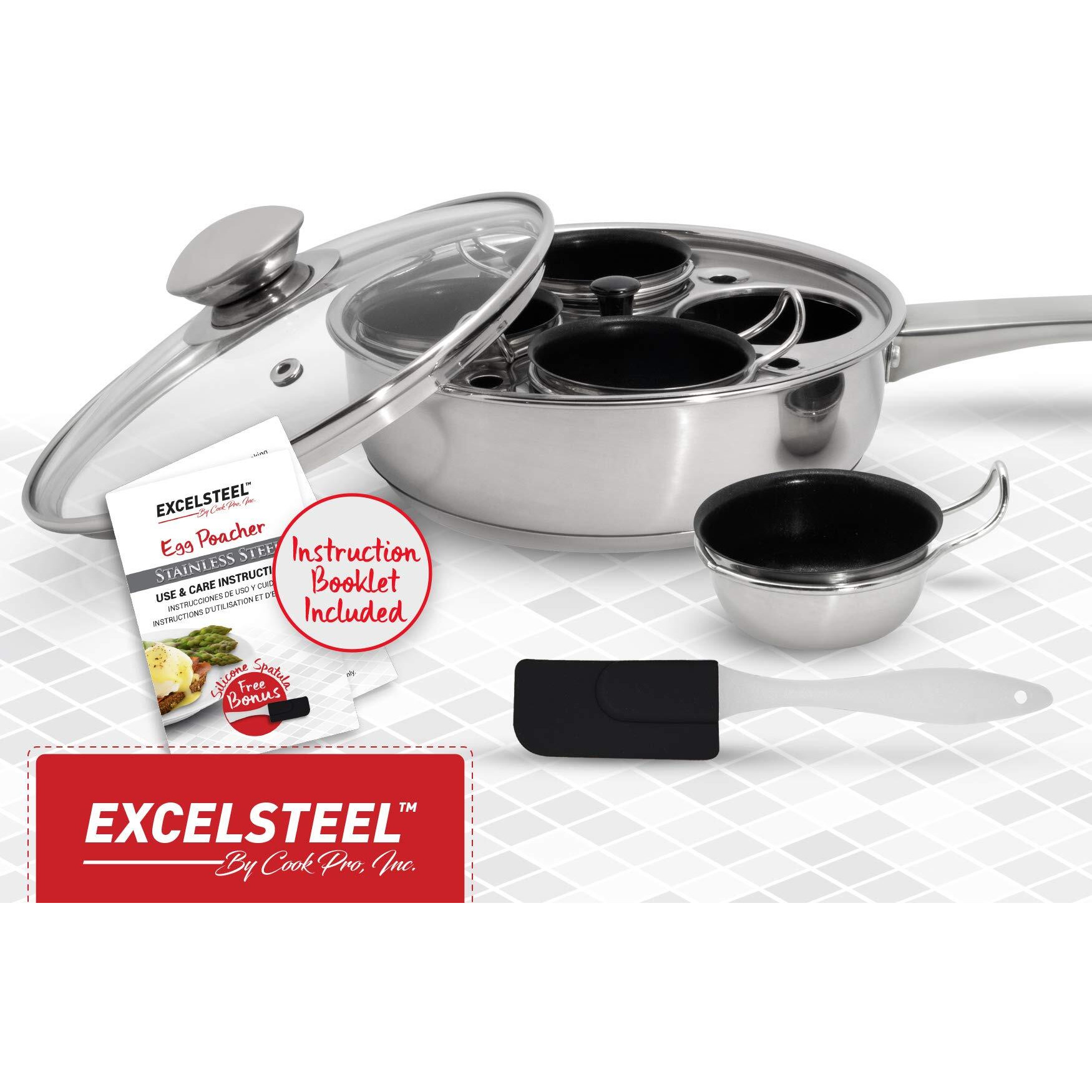 Excelsteel Non Stick Easy Use Rust Resistant Home Kitchen Breakfast Brunch Induction Cooktop Egg Poacher, 4 Cups, 18/10 Stainless Steel