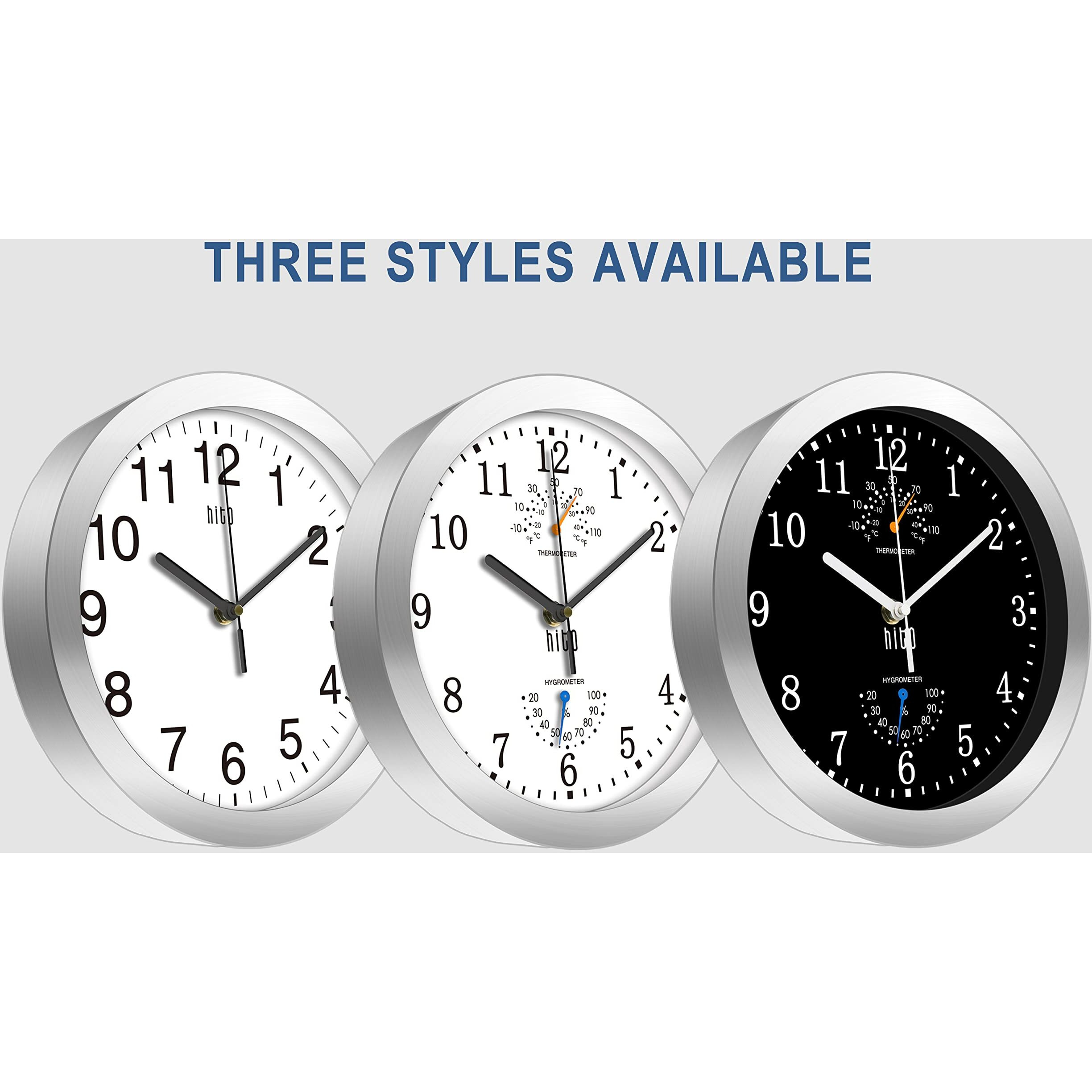 Hito 10 Inch Silent Wall Clock Battery Operated Non Ticking Glass Cover Silver Aluminum Frame, For Kitchen, Bedroom, Home Office, Living Room Decor