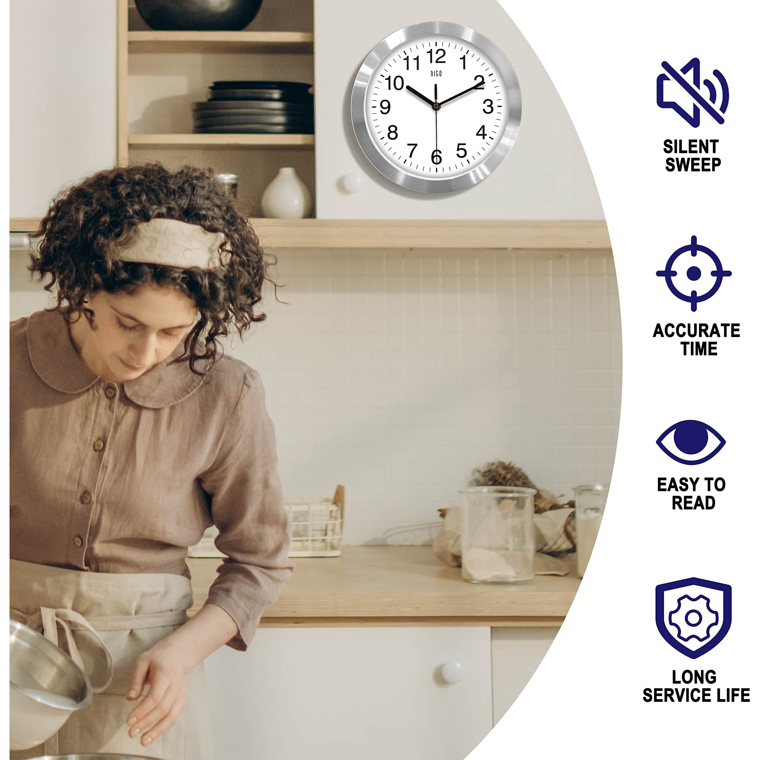 Hito 10 Inch Silent Wall Clock Battery Operated Non Ticking Glass Cover Silver Aluminum Frame, For Kitchen, Bedroom, Home Office, Living Room Decor