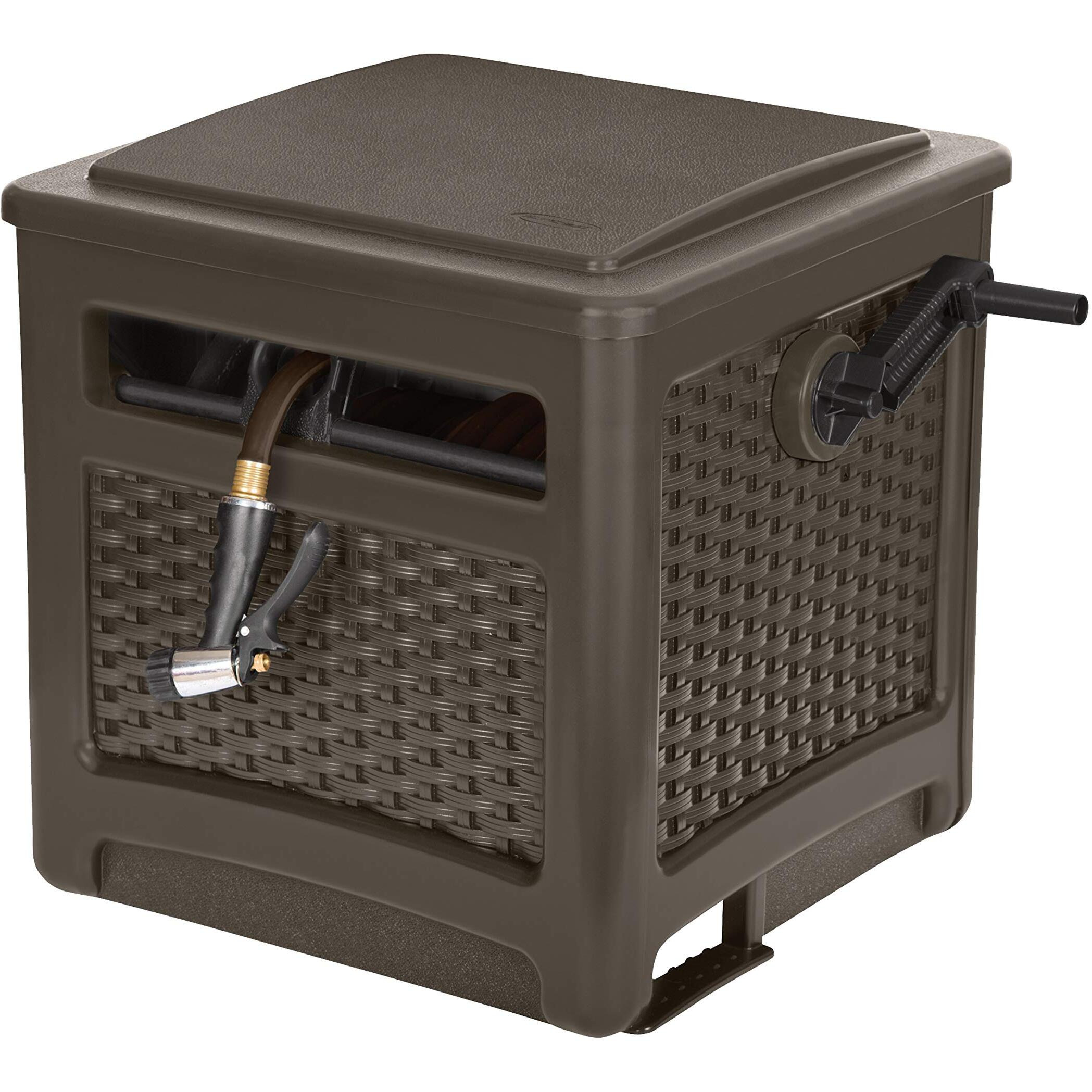 Suncast Resin 225 Ft Hideaway Outdoor Storage Crank Handle, Lid, And Slide Trak Guide 225' Capacity, Durable Hose Reel, Java